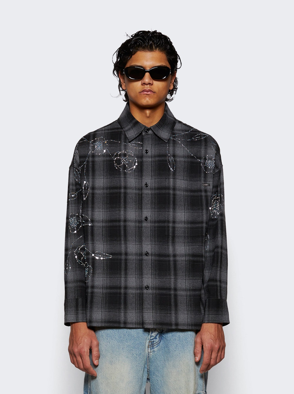 Plaid Beaded Oversized Shirt Black - 3