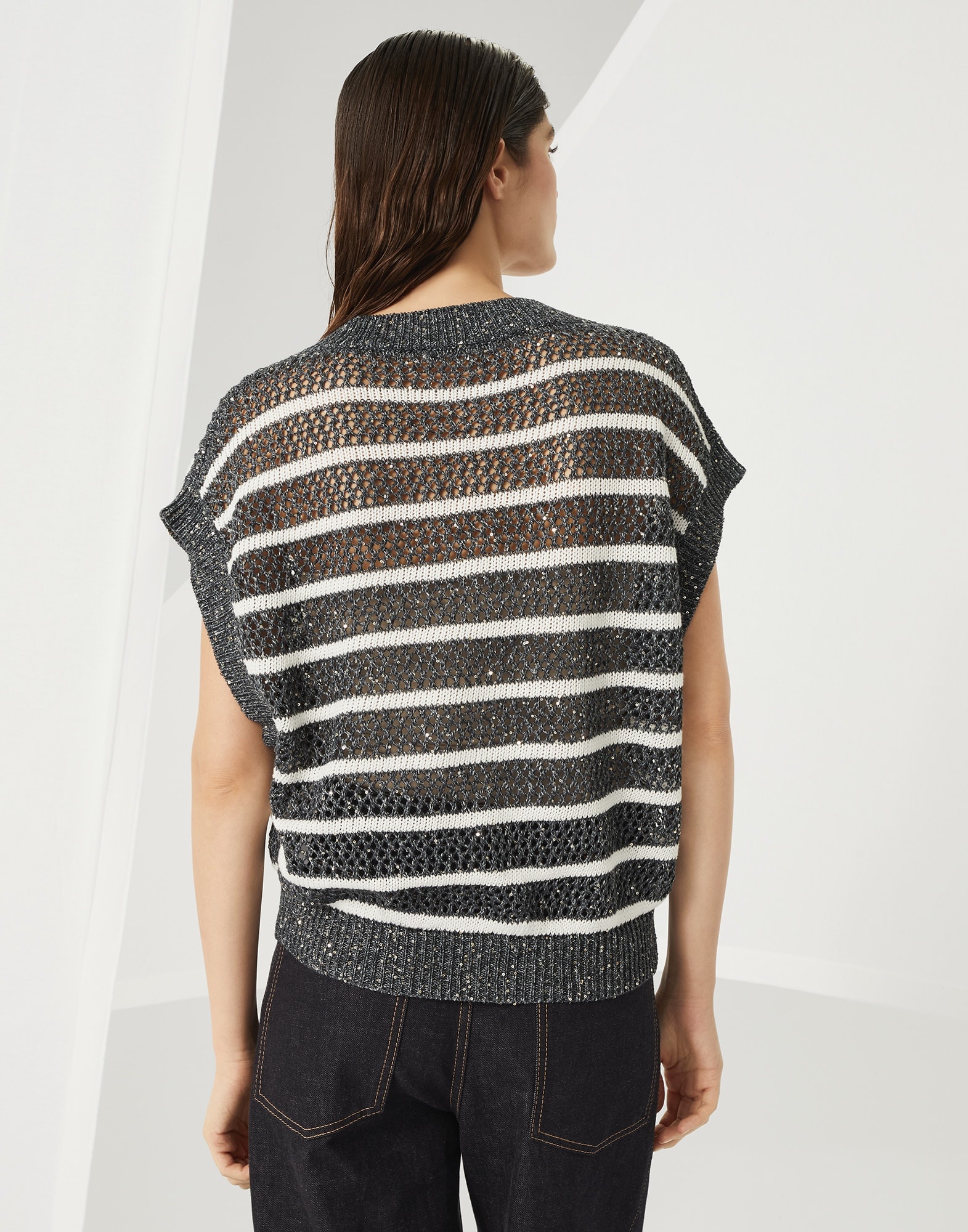 Dazzling striped net knit t-shirt in linen - 2