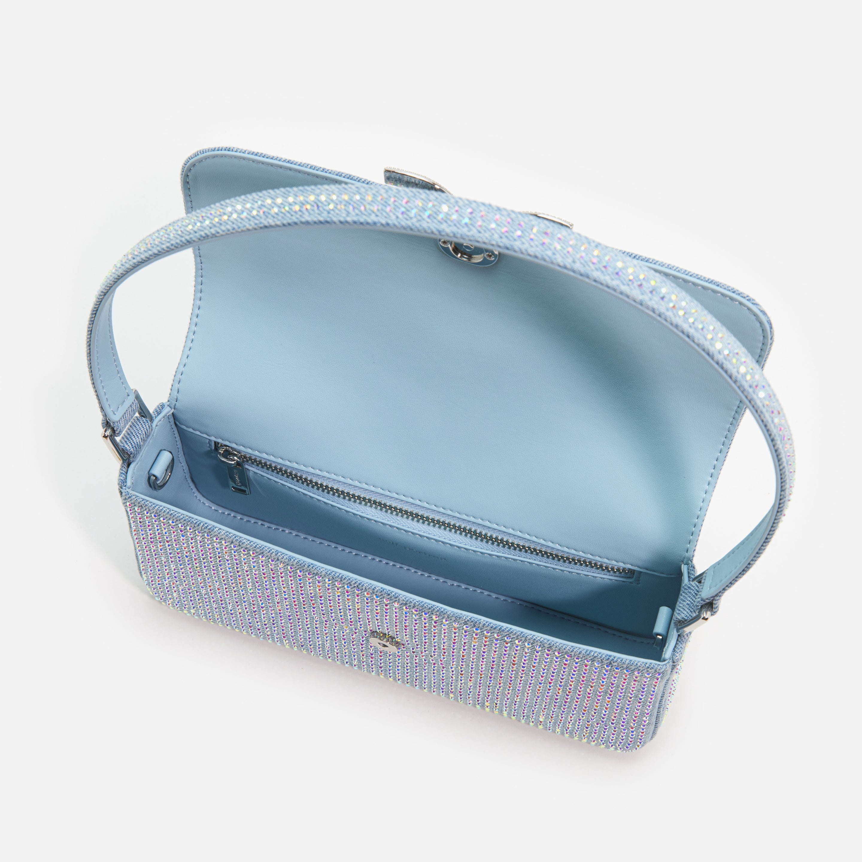 Blue Rhinestone Denim Baguette Bag - 5