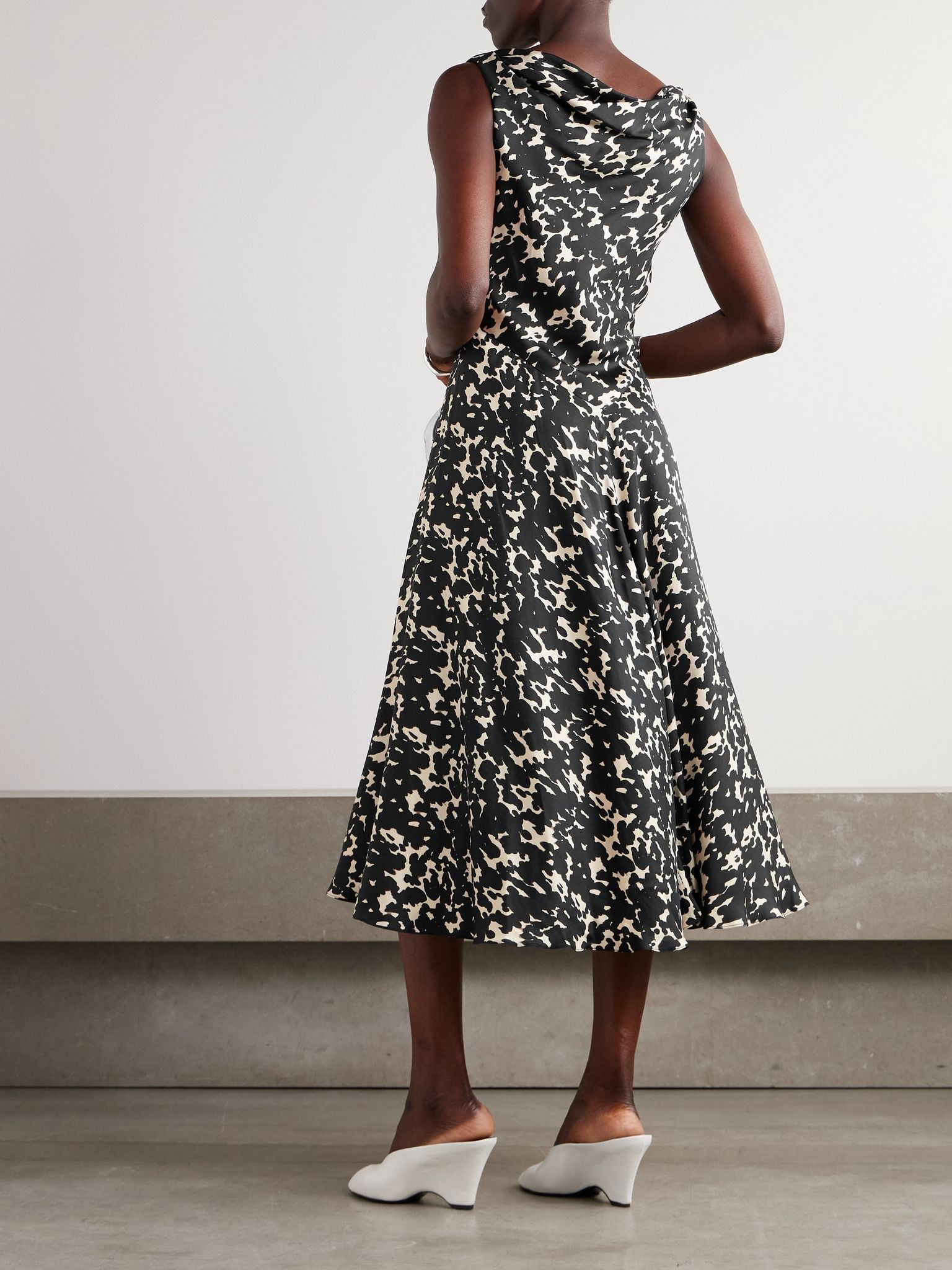 Drina draped printed silk-twill midi dress Black - 3