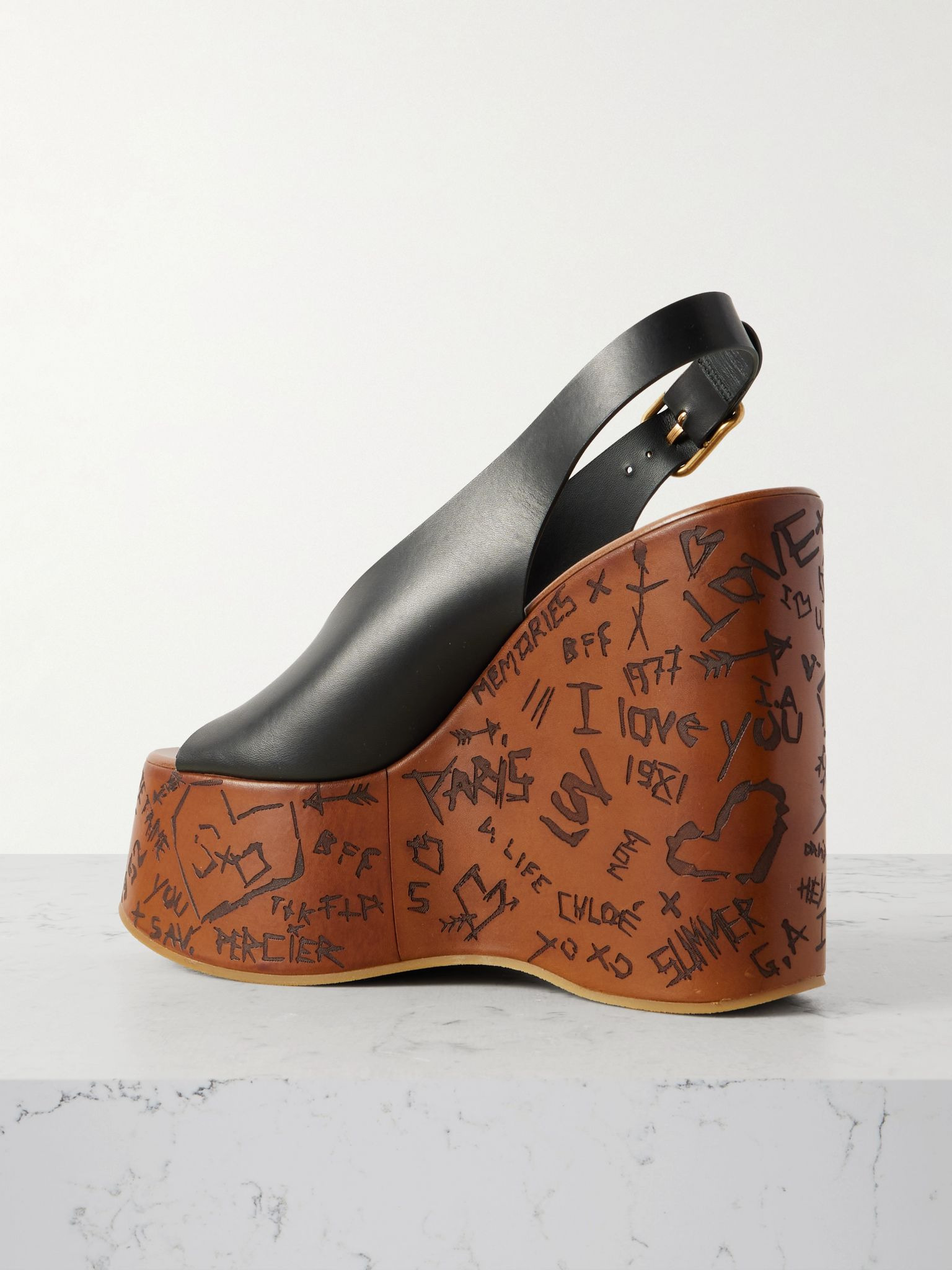 Maxime leather slingback platform wedge sandals Black - 3