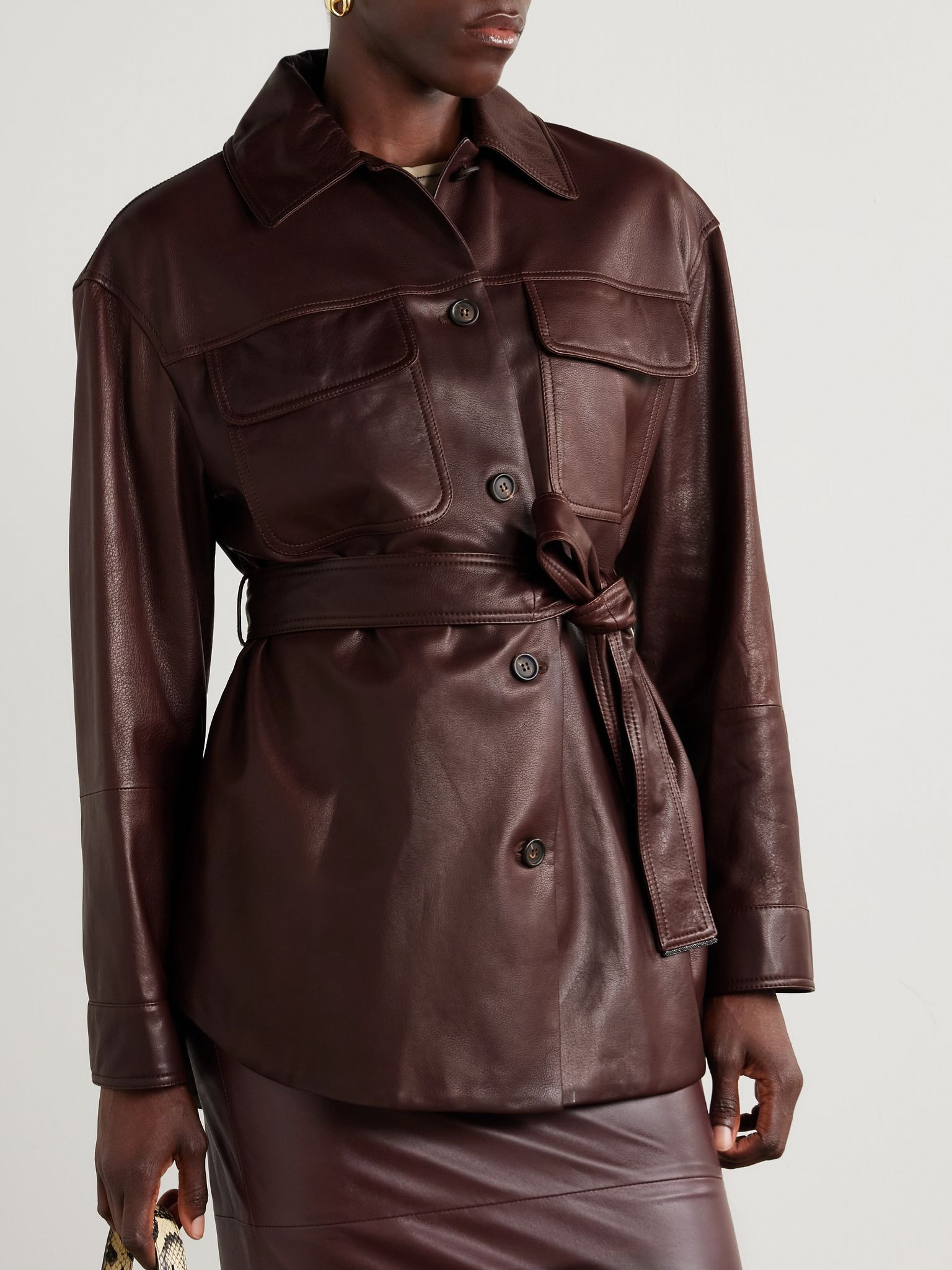 Belted leather jacket Burgundy - 3