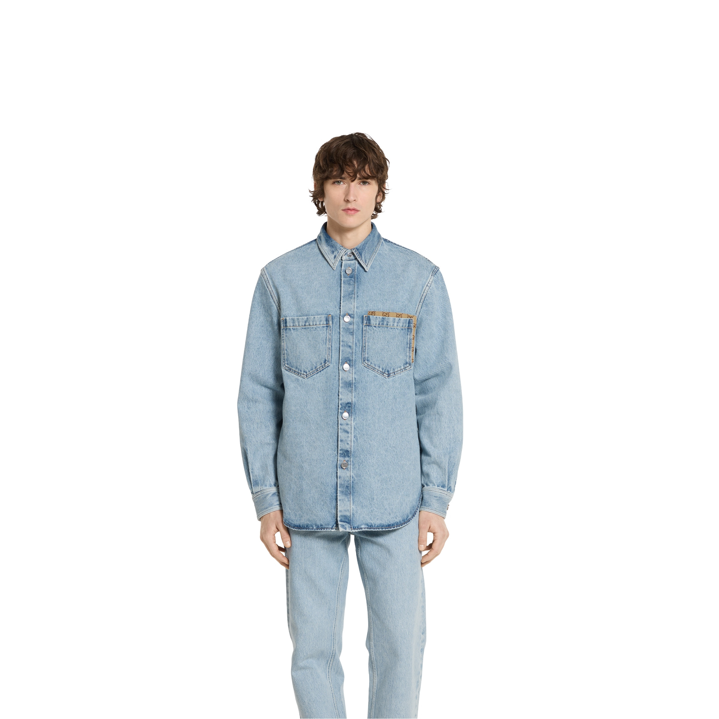 Washed denim shirt with GG insert - 3