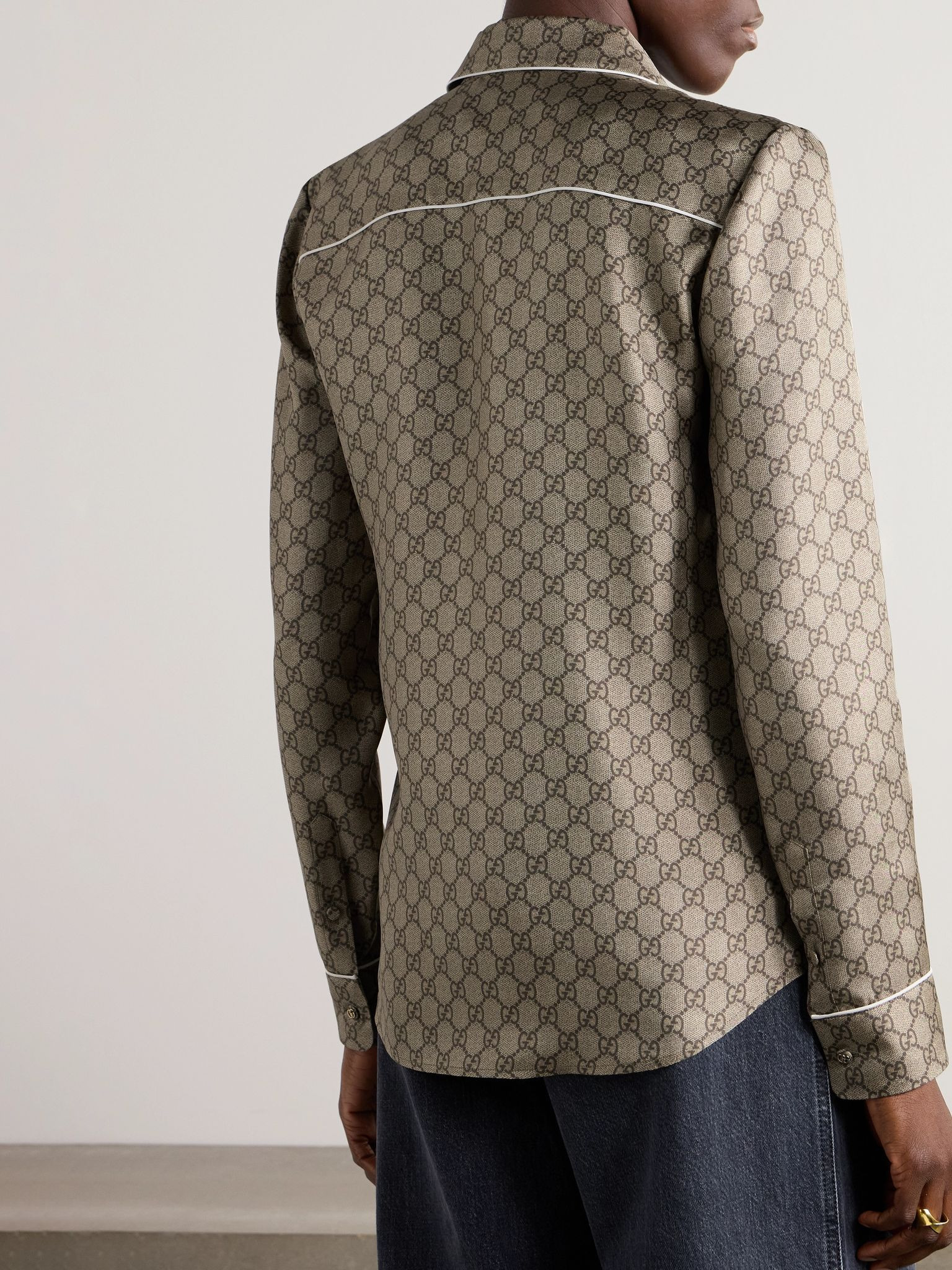 Monogram-print silk-satin shirt Camel - 4