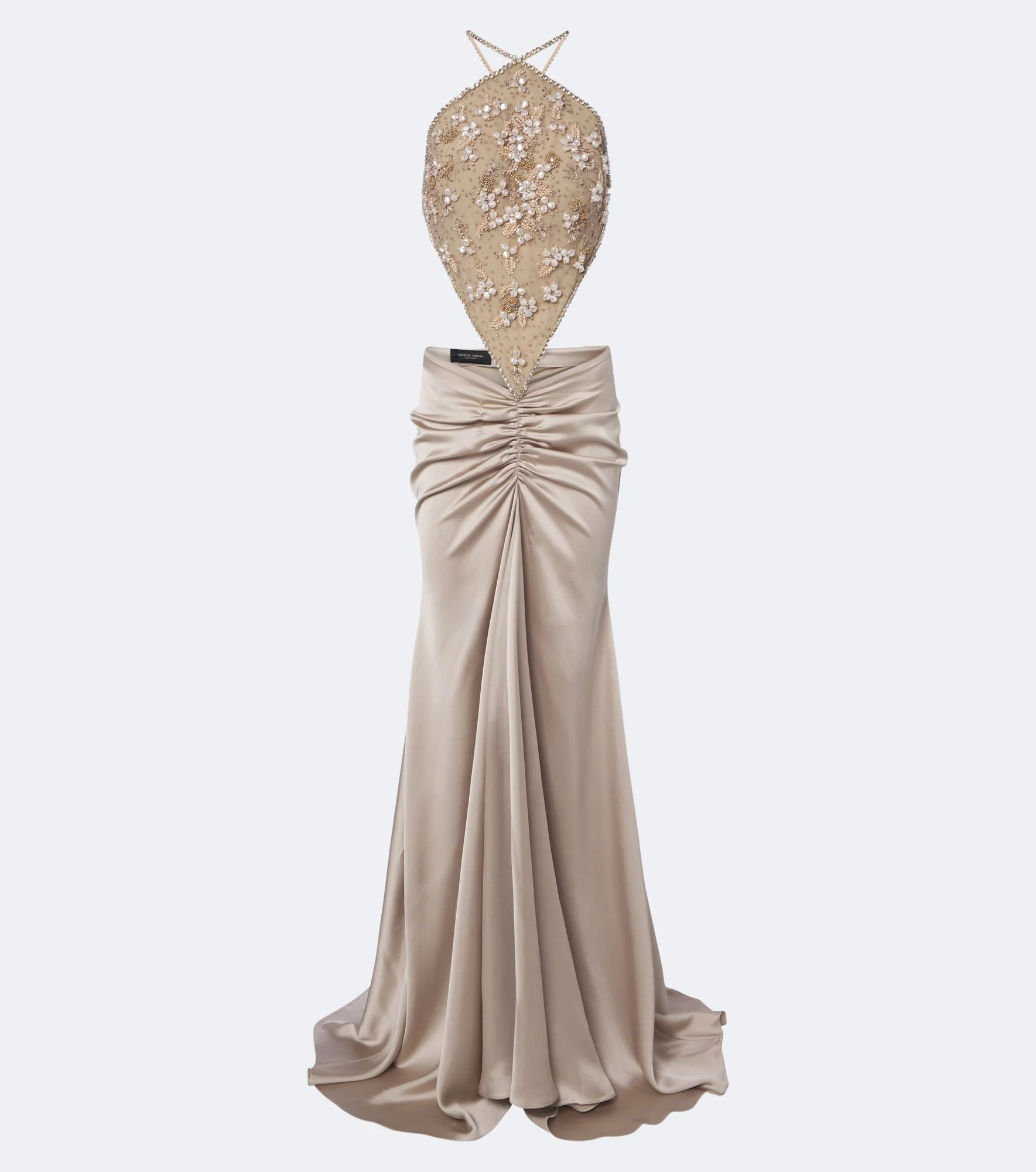 Embellished gathered open-back satin gown - 1
