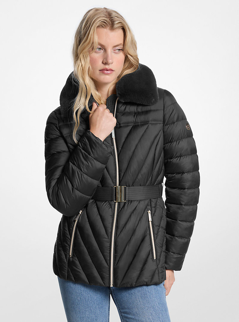 Faux Fur Trim Packable Nylon Puffer Jacket 1