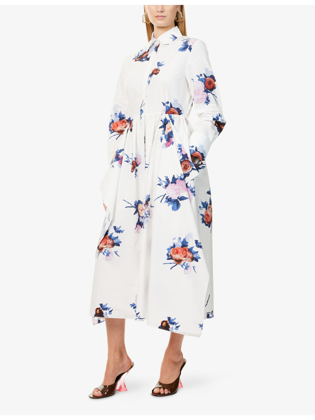 Floral-Print Long-Sleeve Cotton-Poplin Midi Shirt Dress - 3