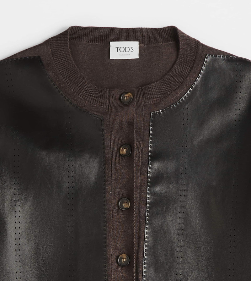 Tod's CARDIGAN WITH LEATHER INSERTS - BROWN outlook