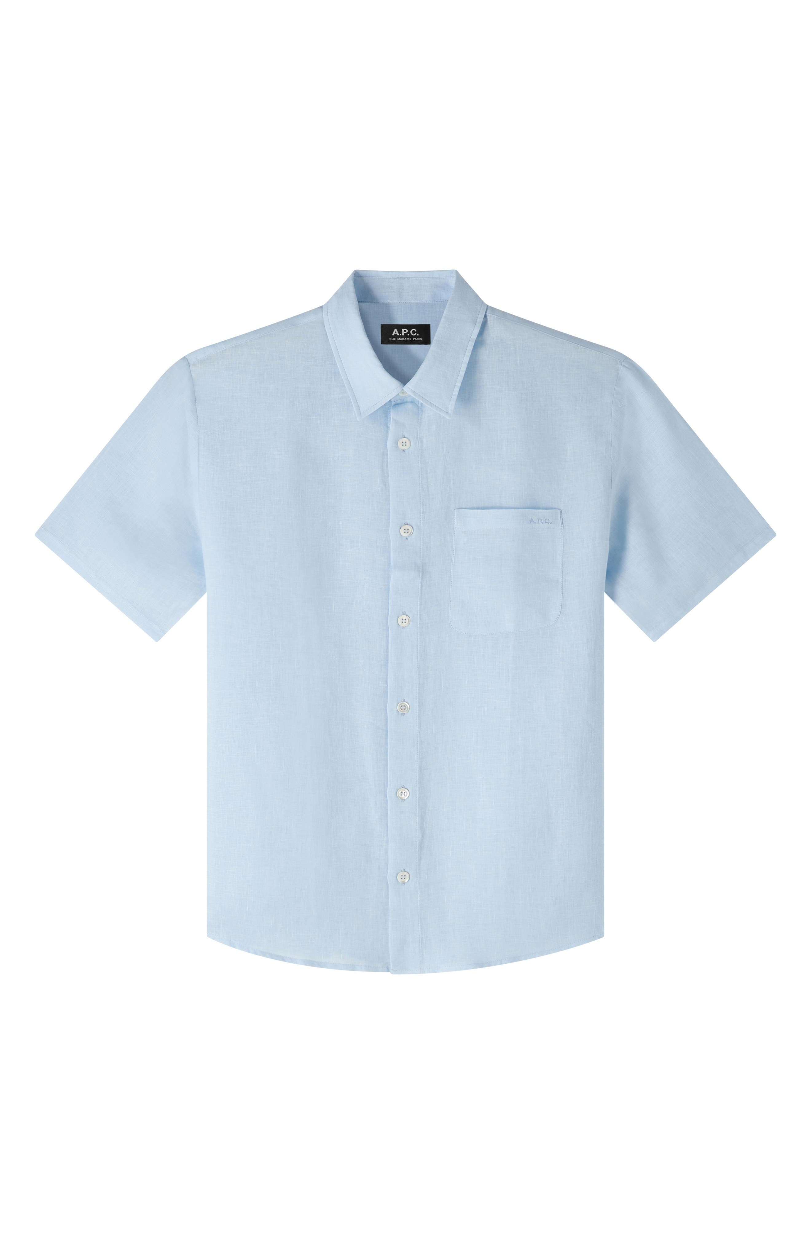 A.P.C. Bellini Logo Embroidered Short Sleeve Linen Button-Up Shirt in Iab Light Blue at Nordstrom - 4