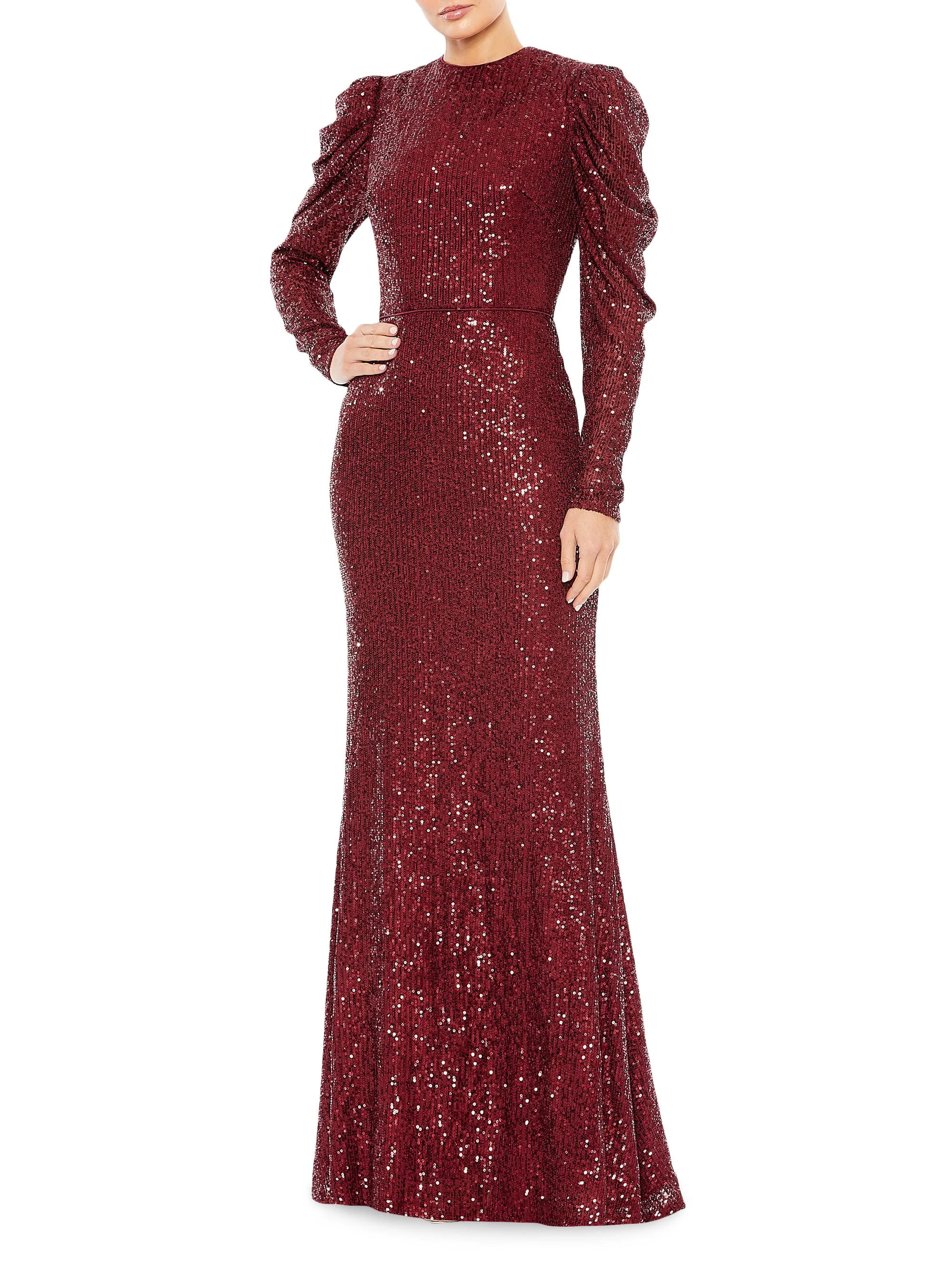 Women's Sequined Puff-Sleeve Sheath Gown - Wine - 1
