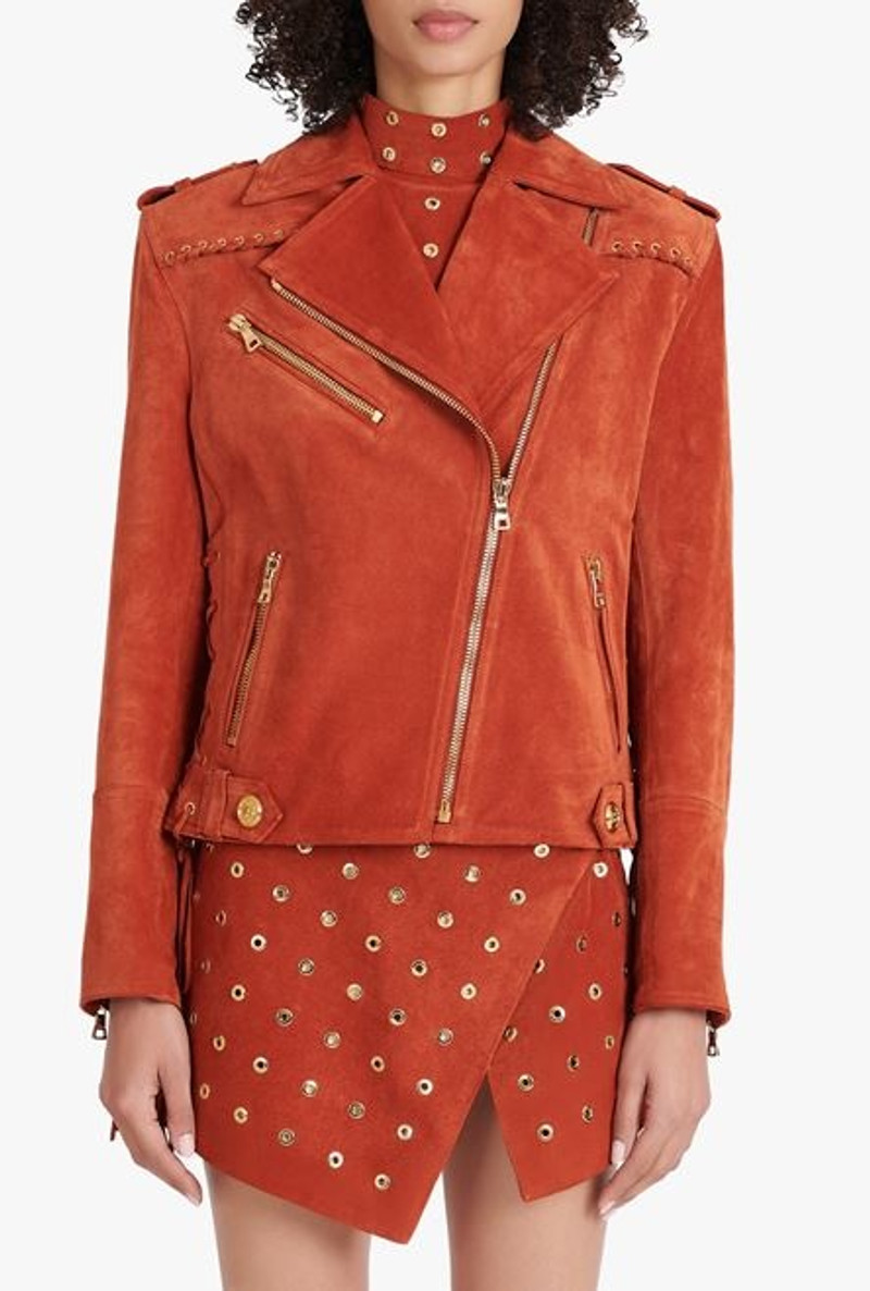 Balmain x Netflix -Terracotta and golden suede biker jacket 5