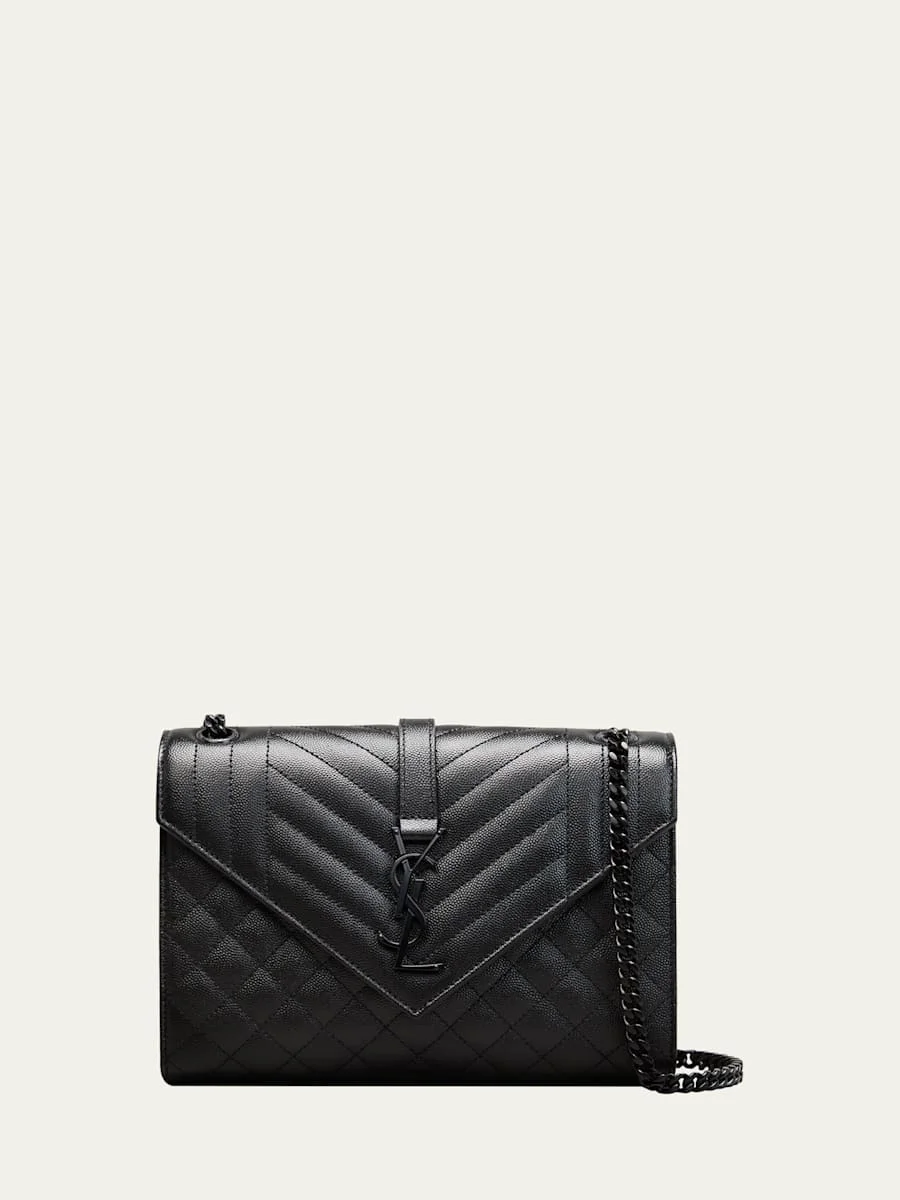 Triquilt Medium YSL Monogram Grain de Poudre V Flap Satchel Bag - Black Hardware - 1