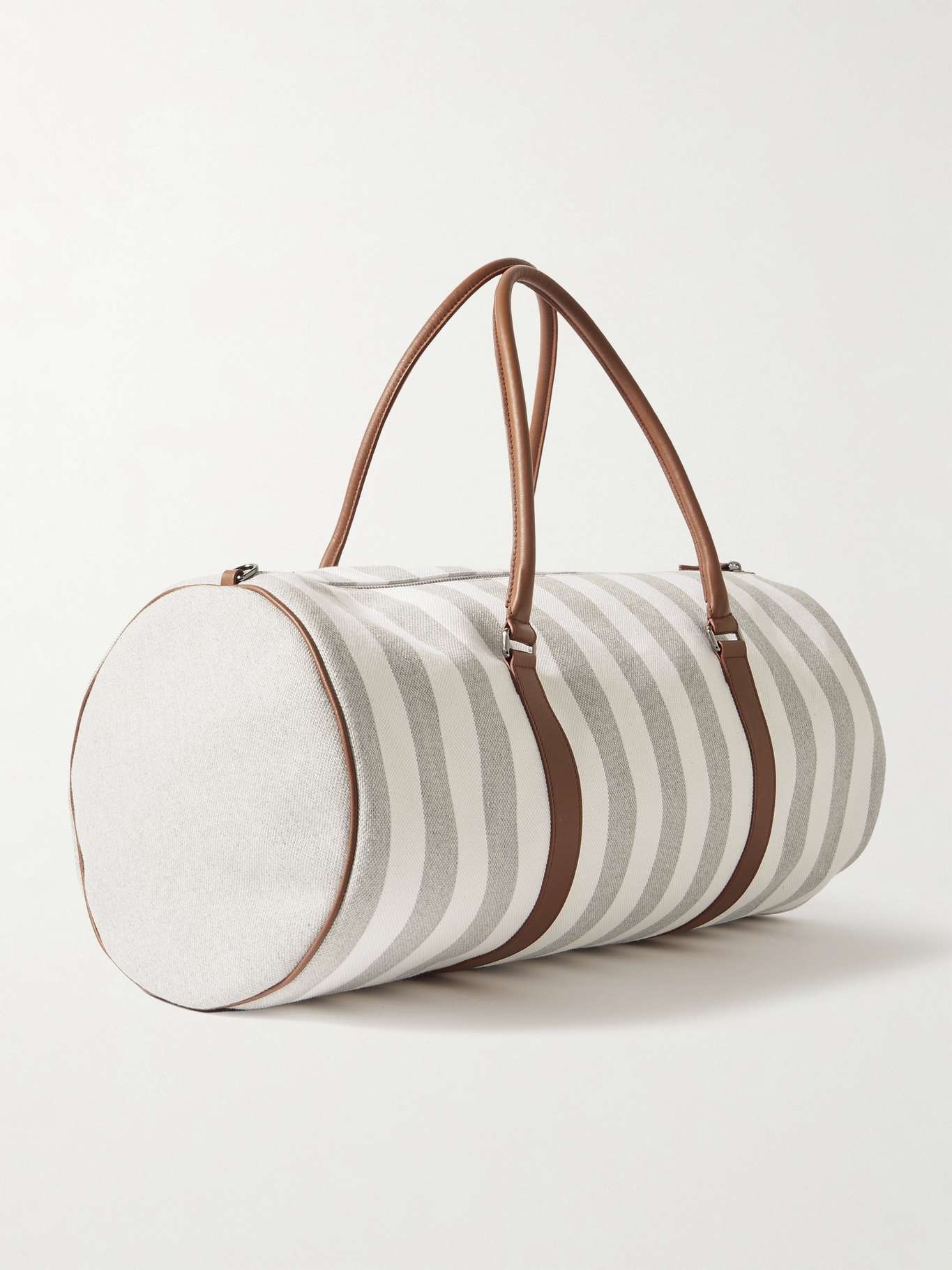 Leather-trimmed striped canvas duffel bag - 3