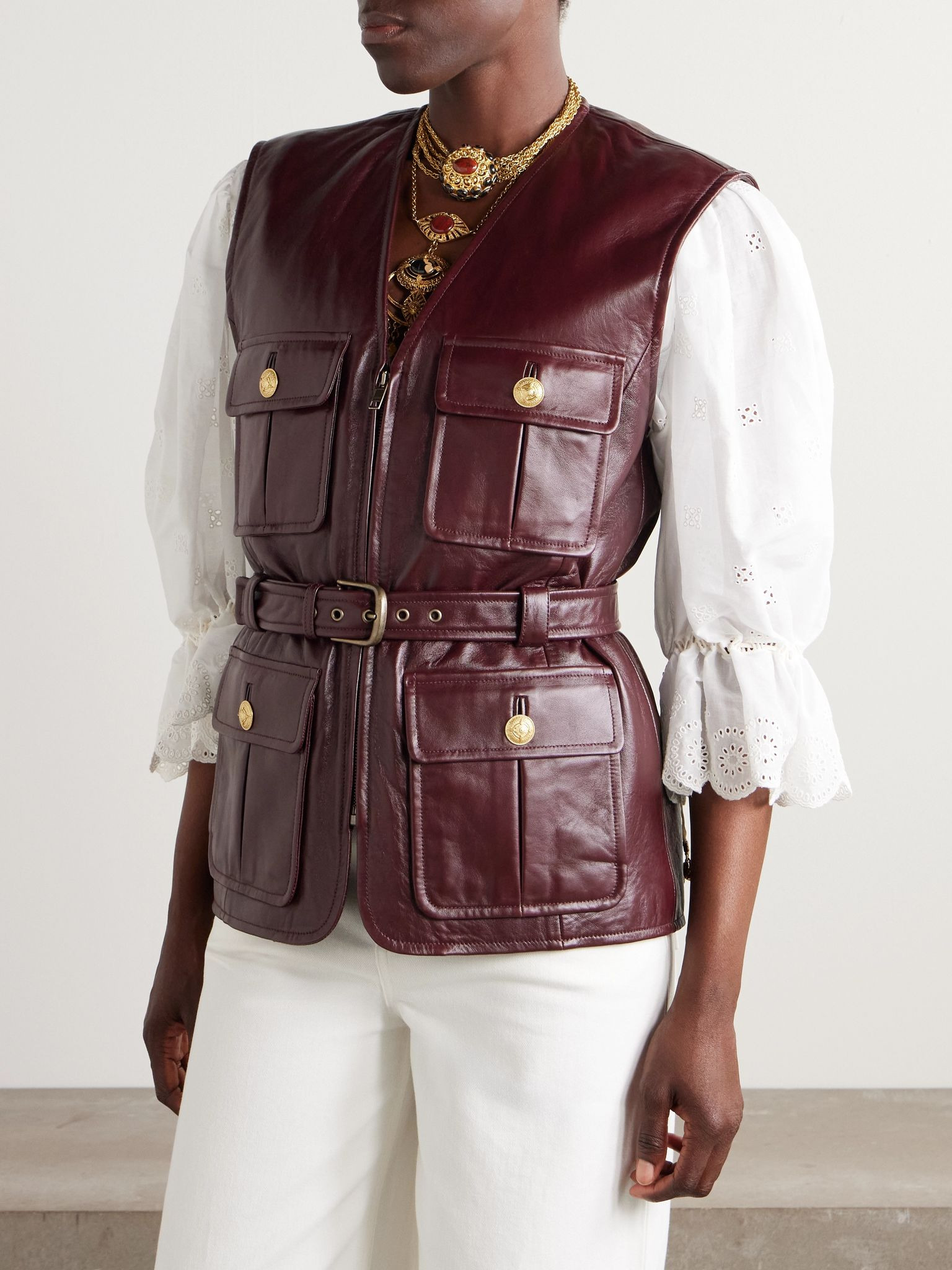 Belted leather vest Burgundy - 3