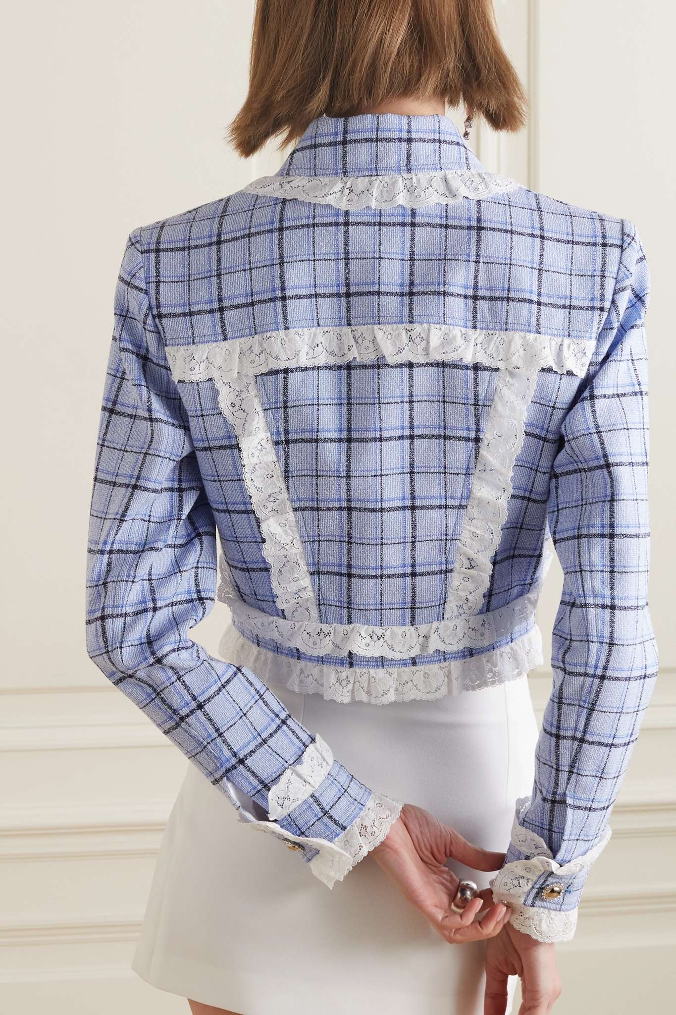 Cropped lace-trimmed checked wool-blend tweed jacket - 3