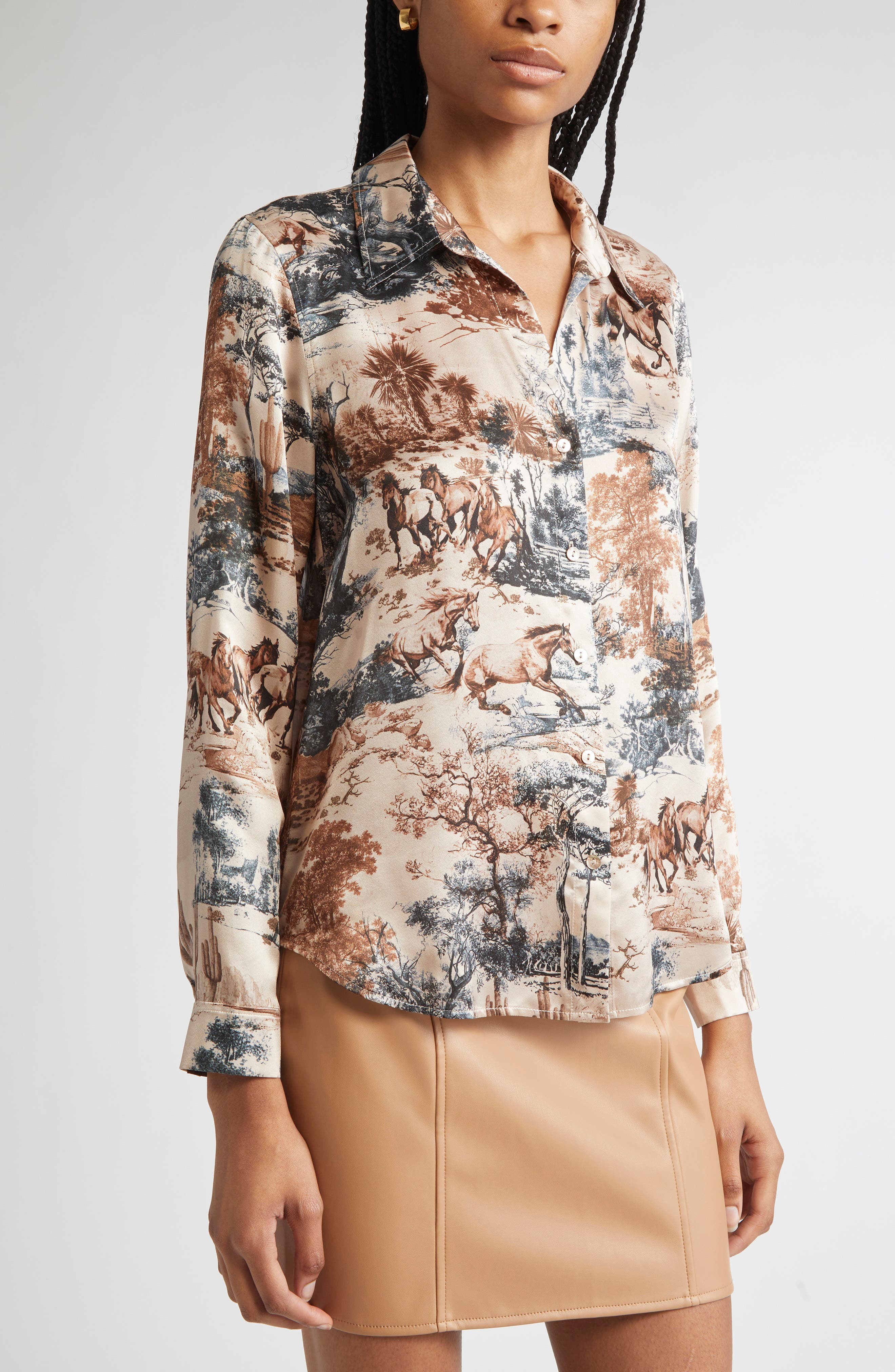 L'AGENCE Tyler Print Silk Button-Up Shirt in Tan Mt Western Toile at Nordstrom - 5