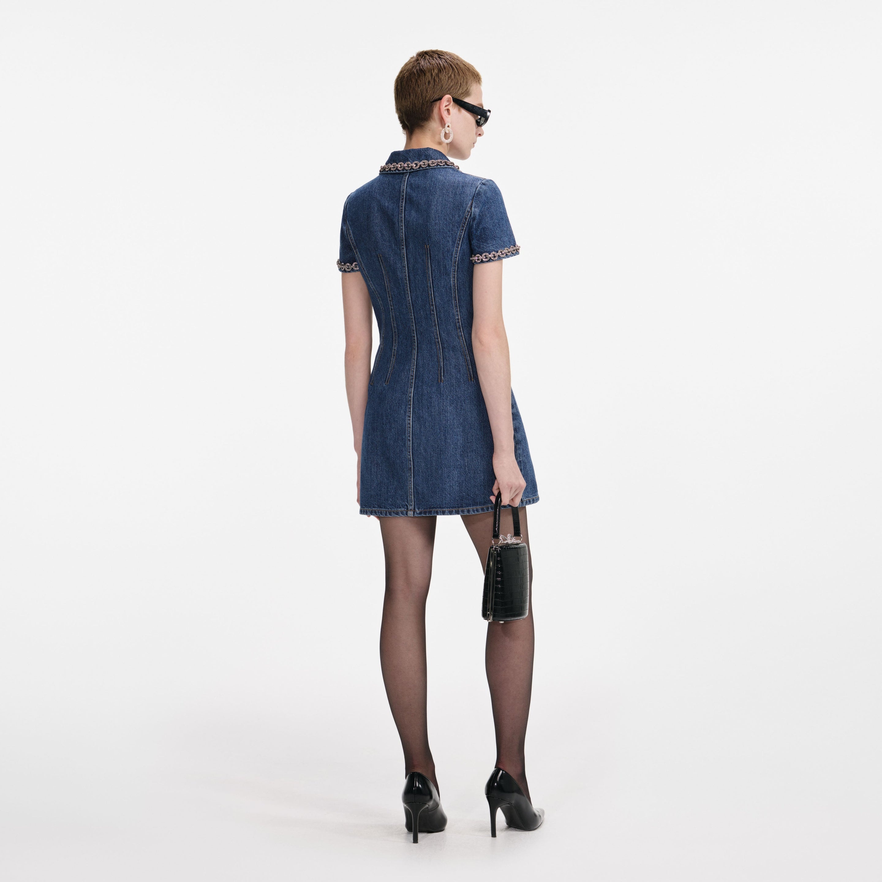 Denim Crystal Trim Collared Mini Dress - 3