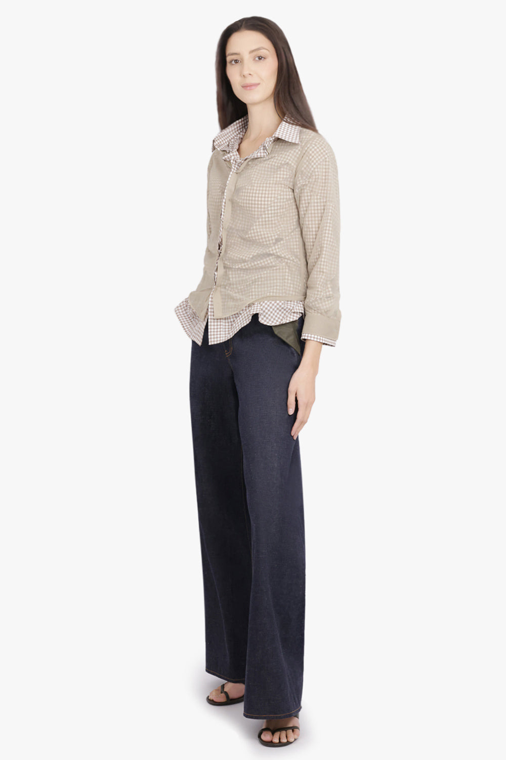 LAYERED L/S SHIRT WITH CHECK RUCHING DETAIL | CAMEL/WHITE - 2