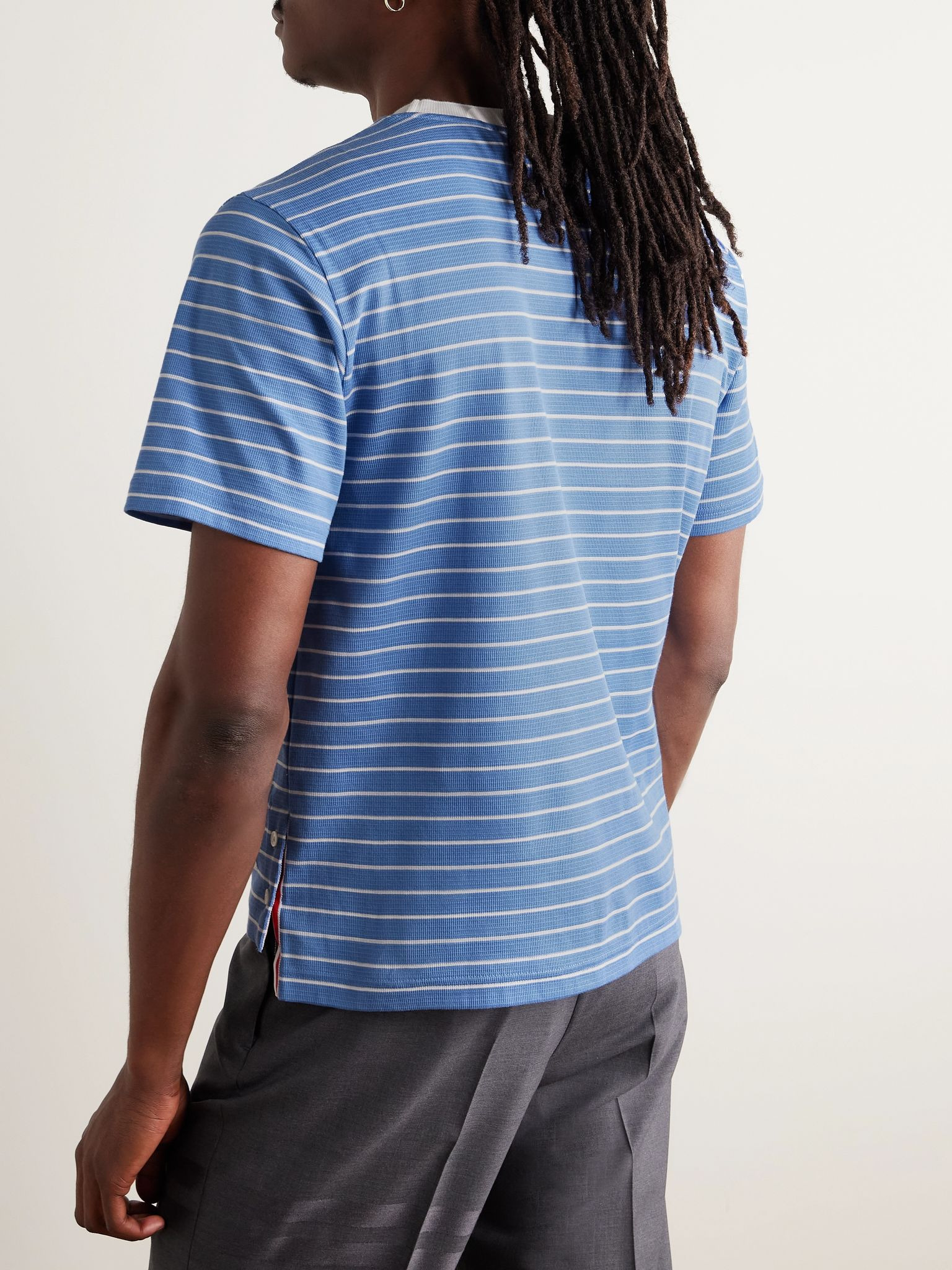 Logo-Appliquéd Striped Cotton-Jersey T-Shirt Blue - 4