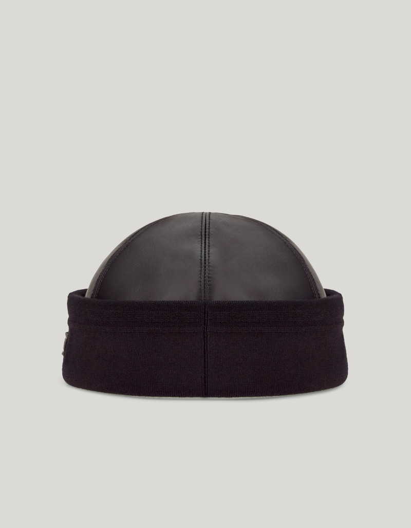 BLACK LEATHER BEANIE WITH KNIT BAND AND LOGO TAG 3