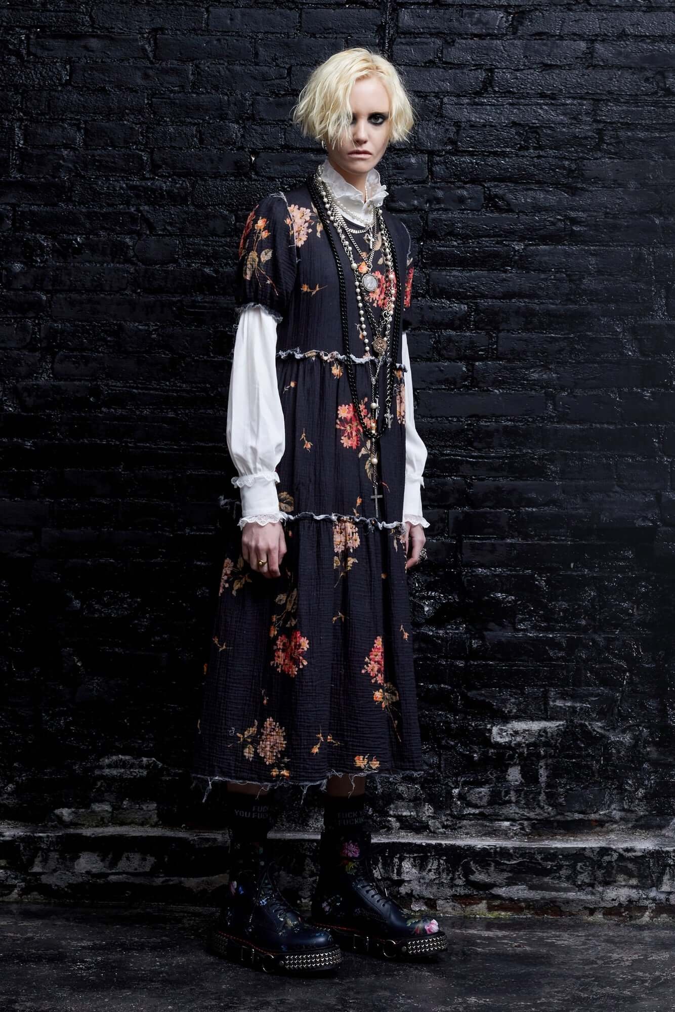 R13 SHREDDED RELAXED MIDI - FLORAL ON BLACK - R13WR045-R191B | REVERSIBLE