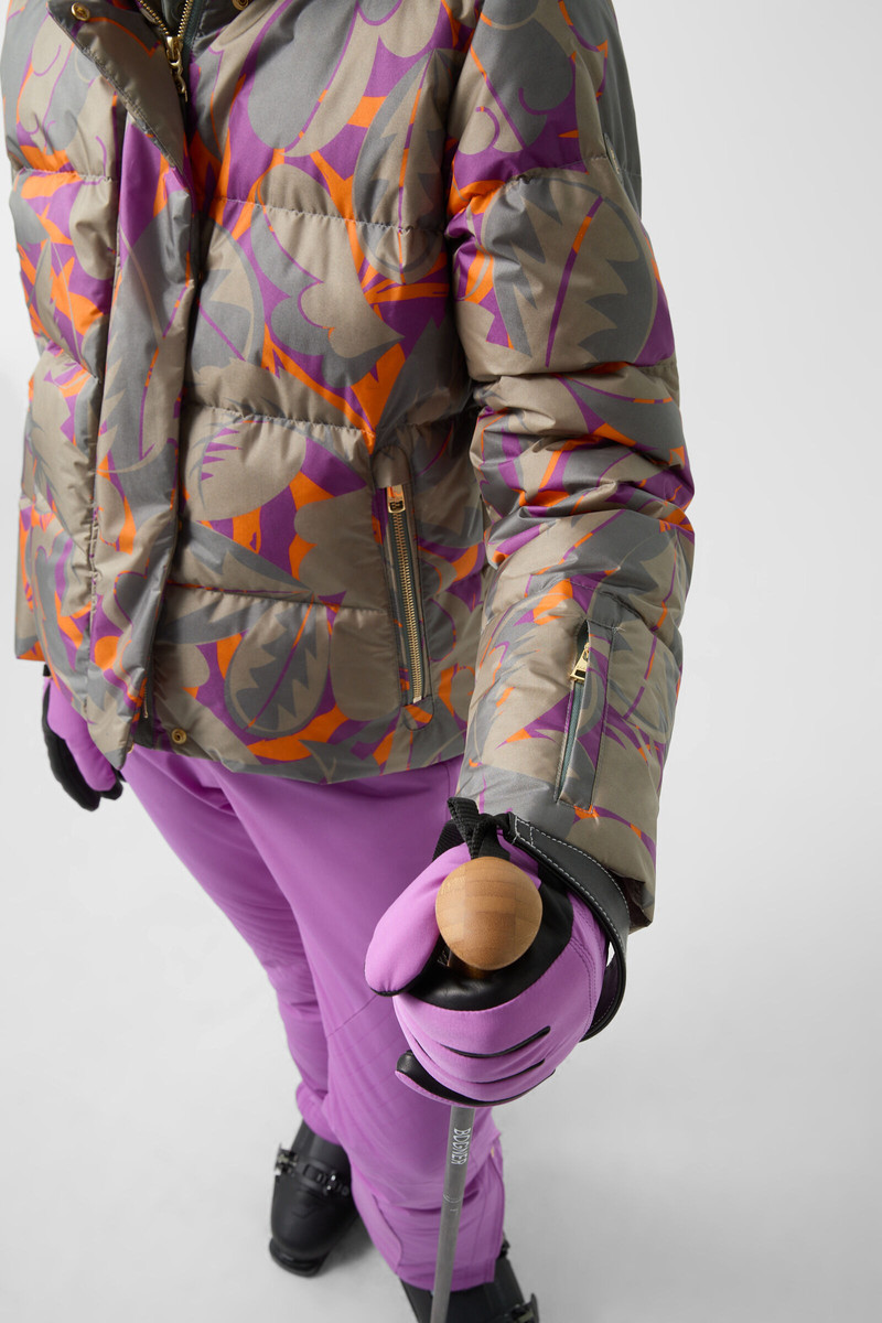 Maja down ski jacket in Olive green/purple/orange 8