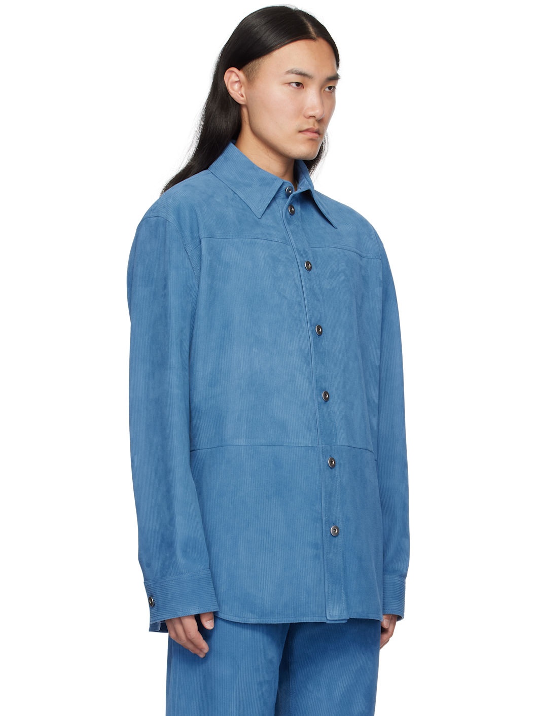 Blue Embossed Corduroy Suede Shirt - 2