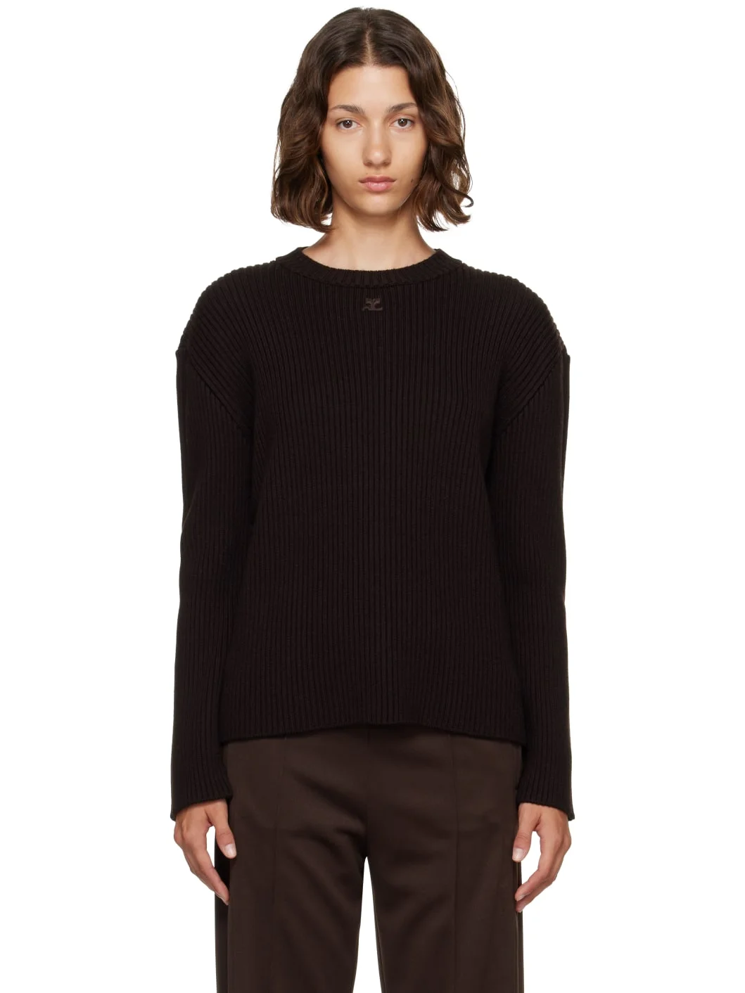 Brown Merino Wool Crewneck Sweater - 1