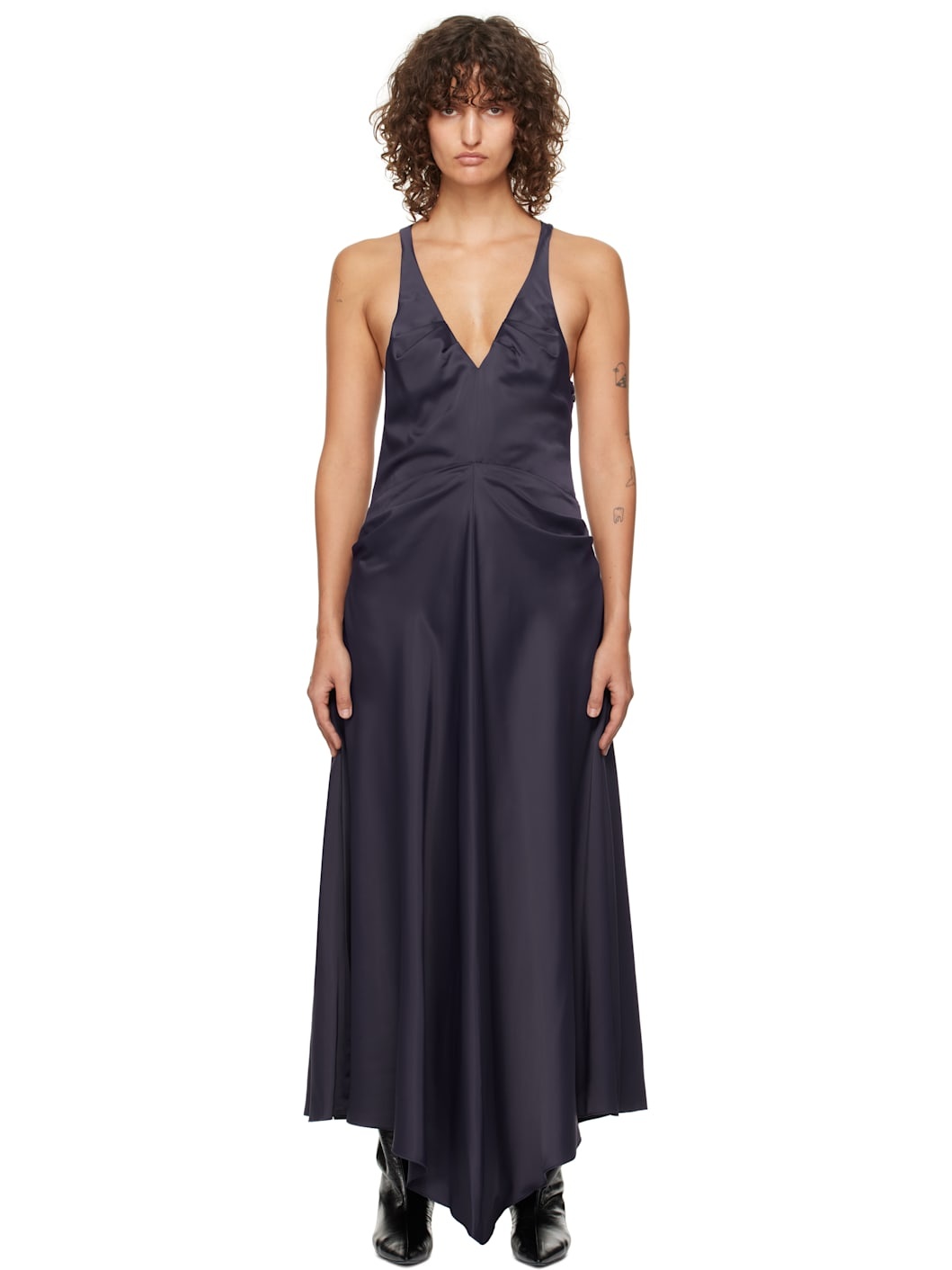 Navy Gathered Racer Back Midi Dress - 1