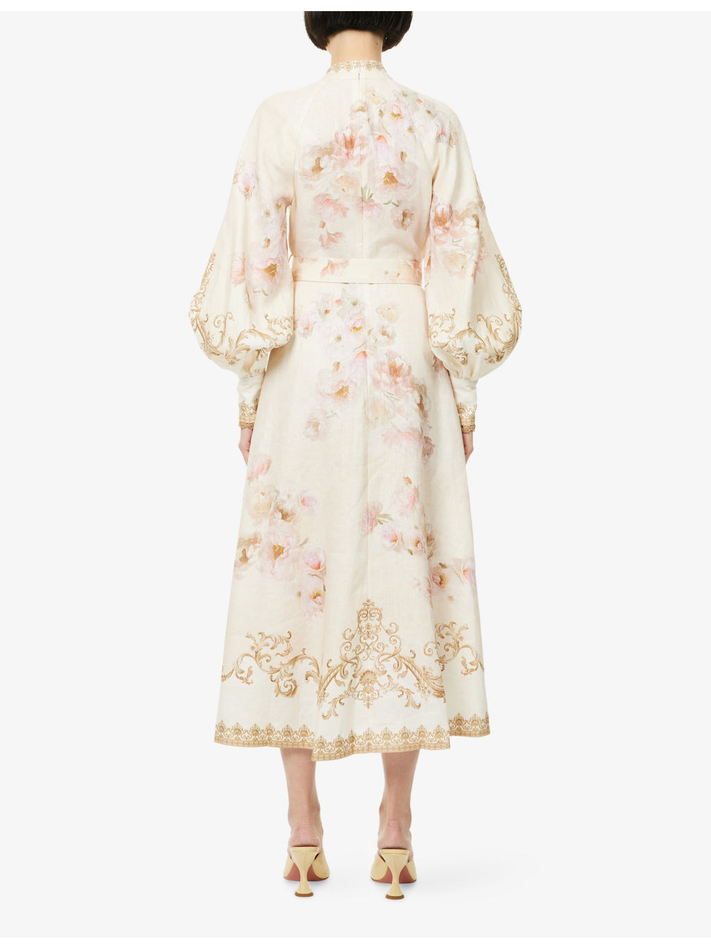 Printed Silk-Belt Buttoned Linen Midi Dress - 4