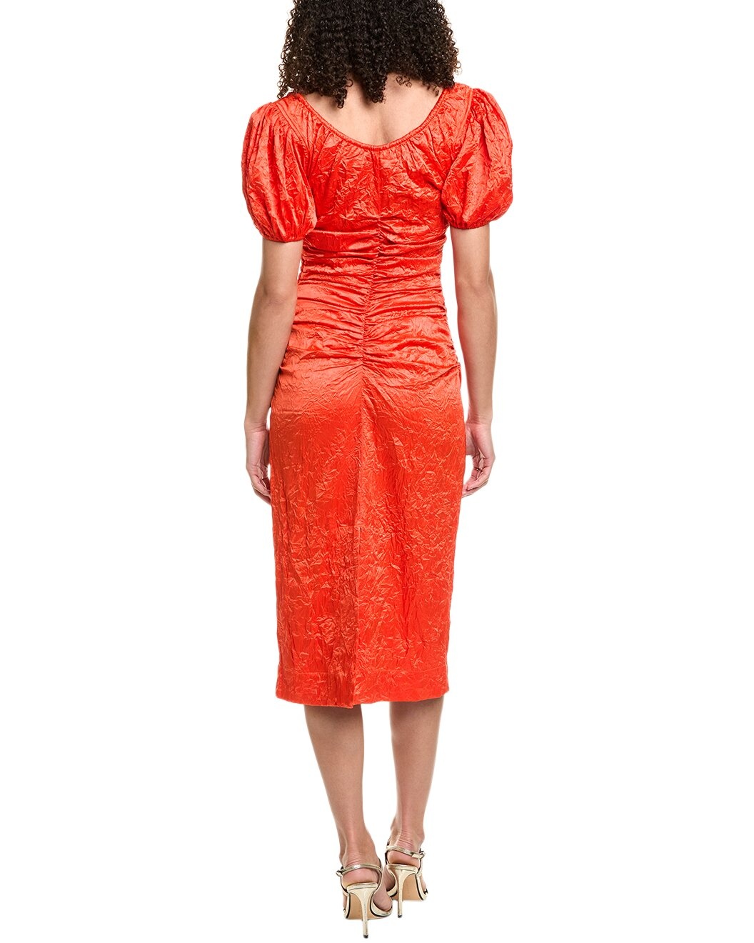 GANNI Crinkled Satin Gathered U-Neck Midi Dress - 2