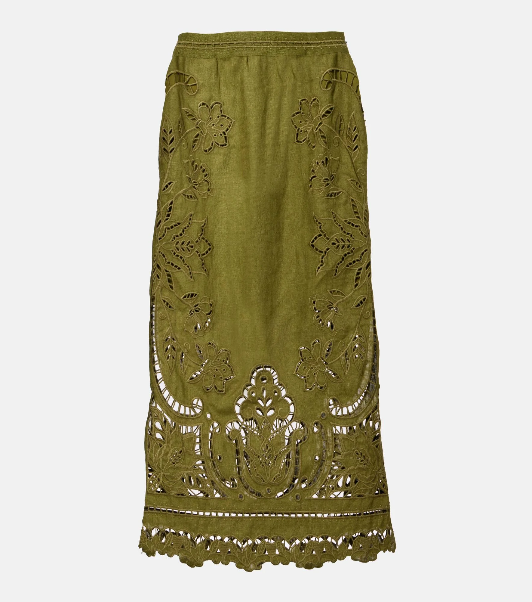 Floral lace-trimmed linen midi skirt - 1