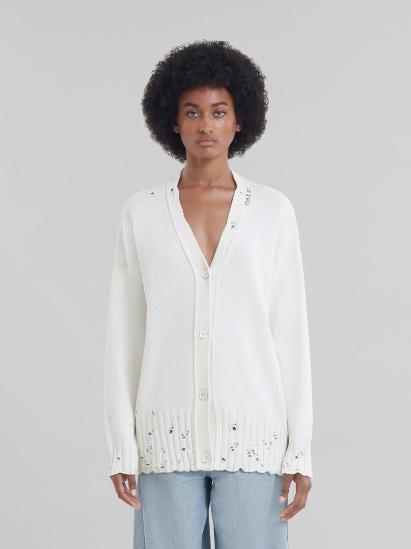 WHITE DISHEVELLED COTTON CARDIGAN WITH MARNI MENDING LOGO - 2