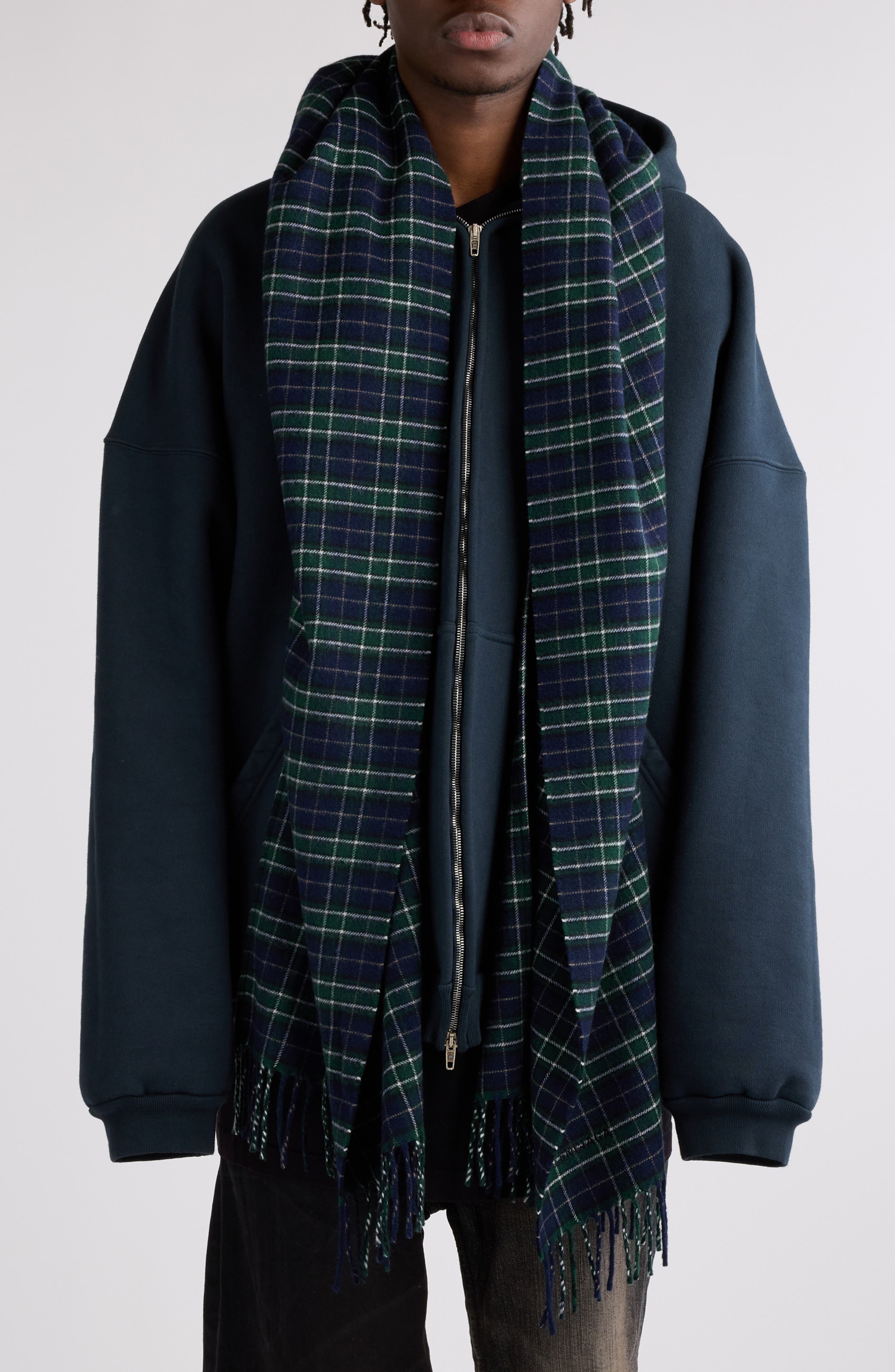 Balenciaga Oversize Full Zip Hoodie with Scarf Detail in Deep Blue/Black at Nordstrom - 1