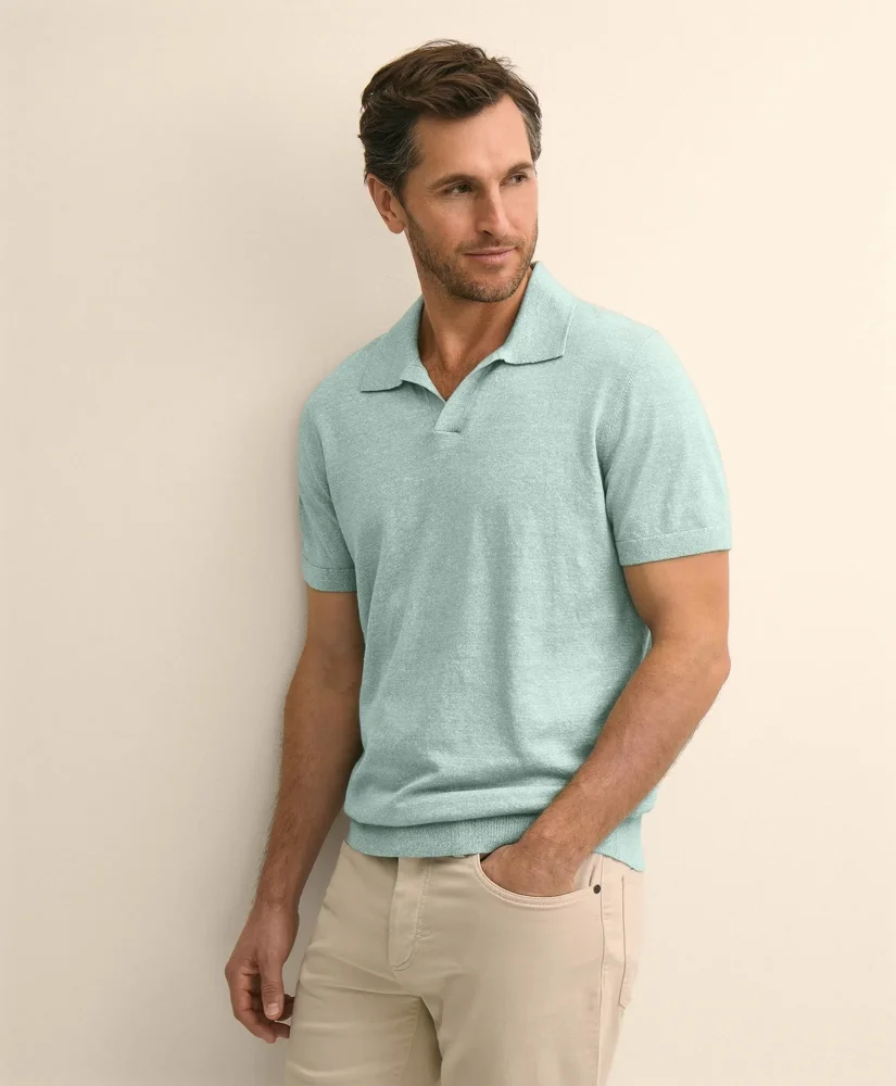 Linen-Cotton-Cashmere Short-Sleeve Mouliné Johnny Collar Sweater - 1
