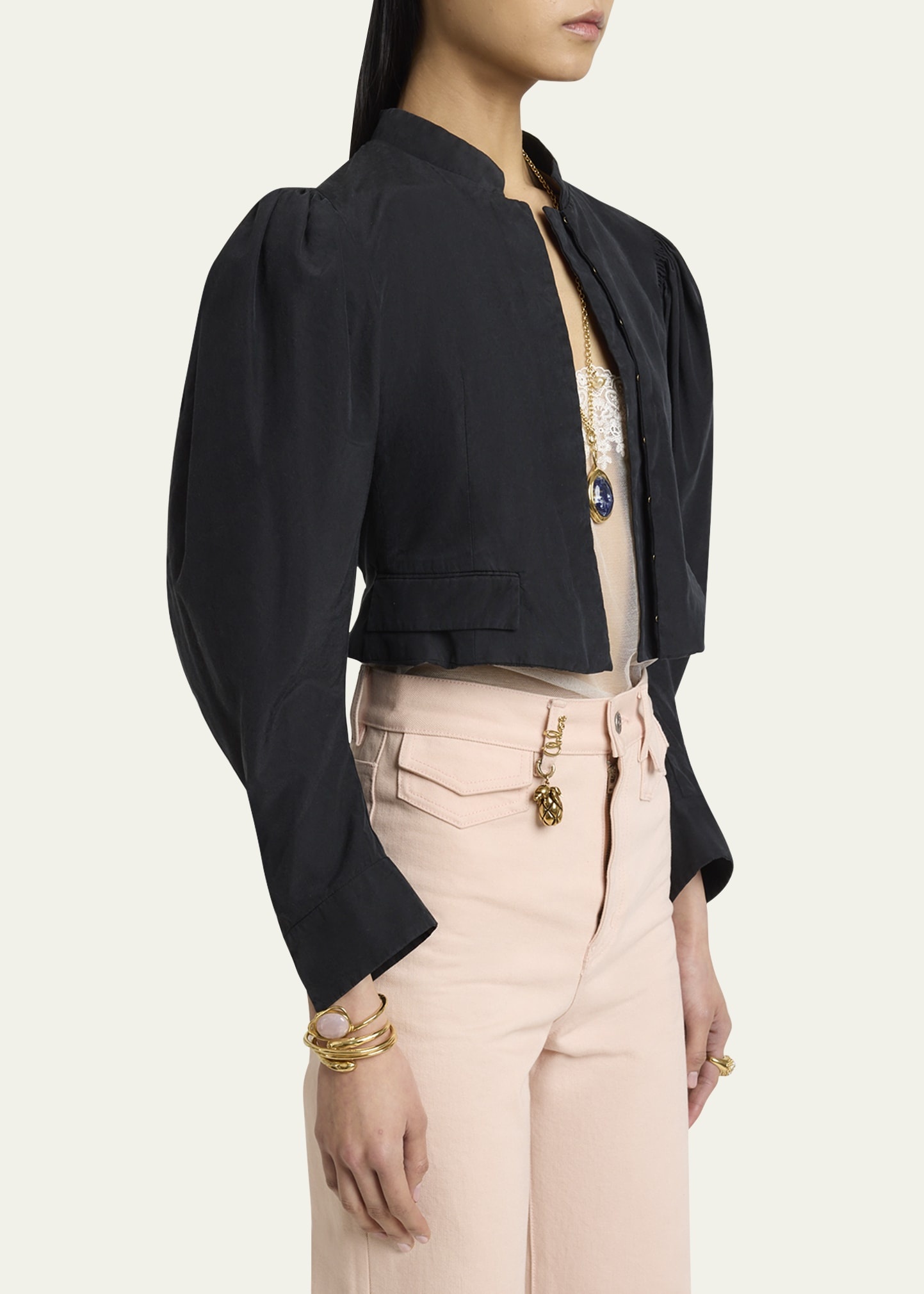 Puff-Sleeve Cropped Silk Jacket - 4