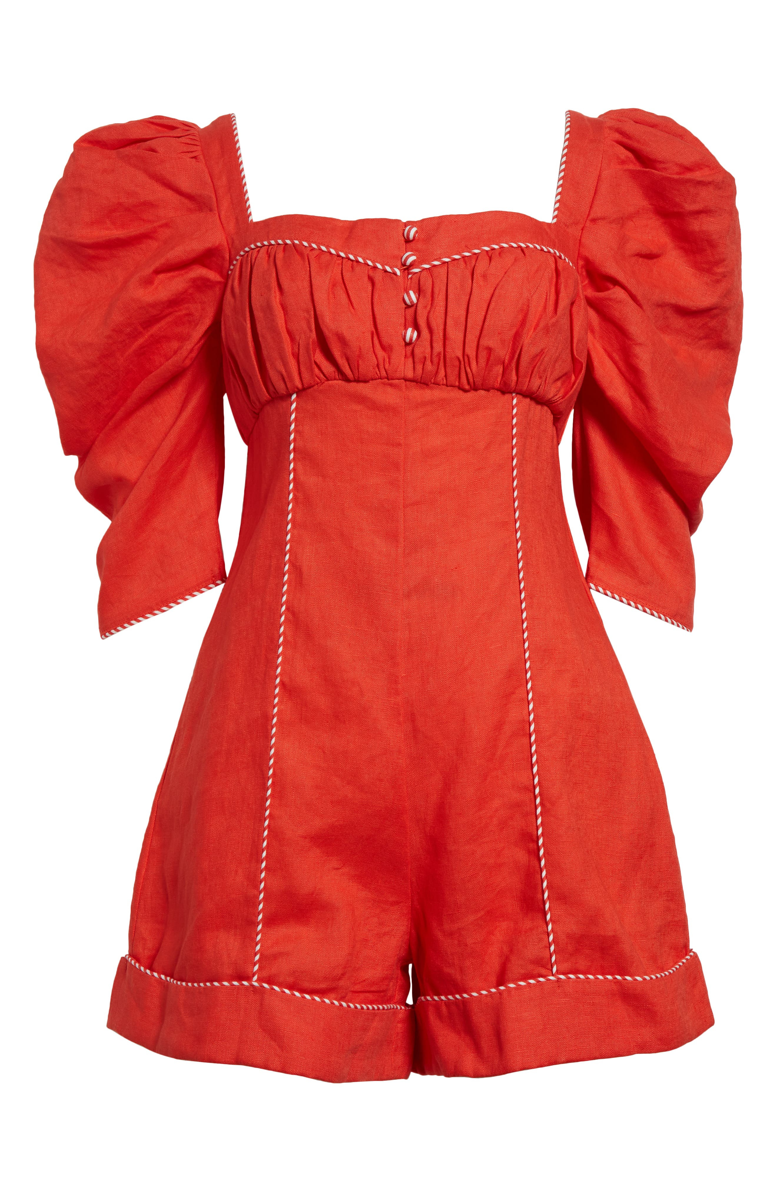 FARM Rio Puff Sleeve Linen Romper in Dark Red at Nordstrom - 6