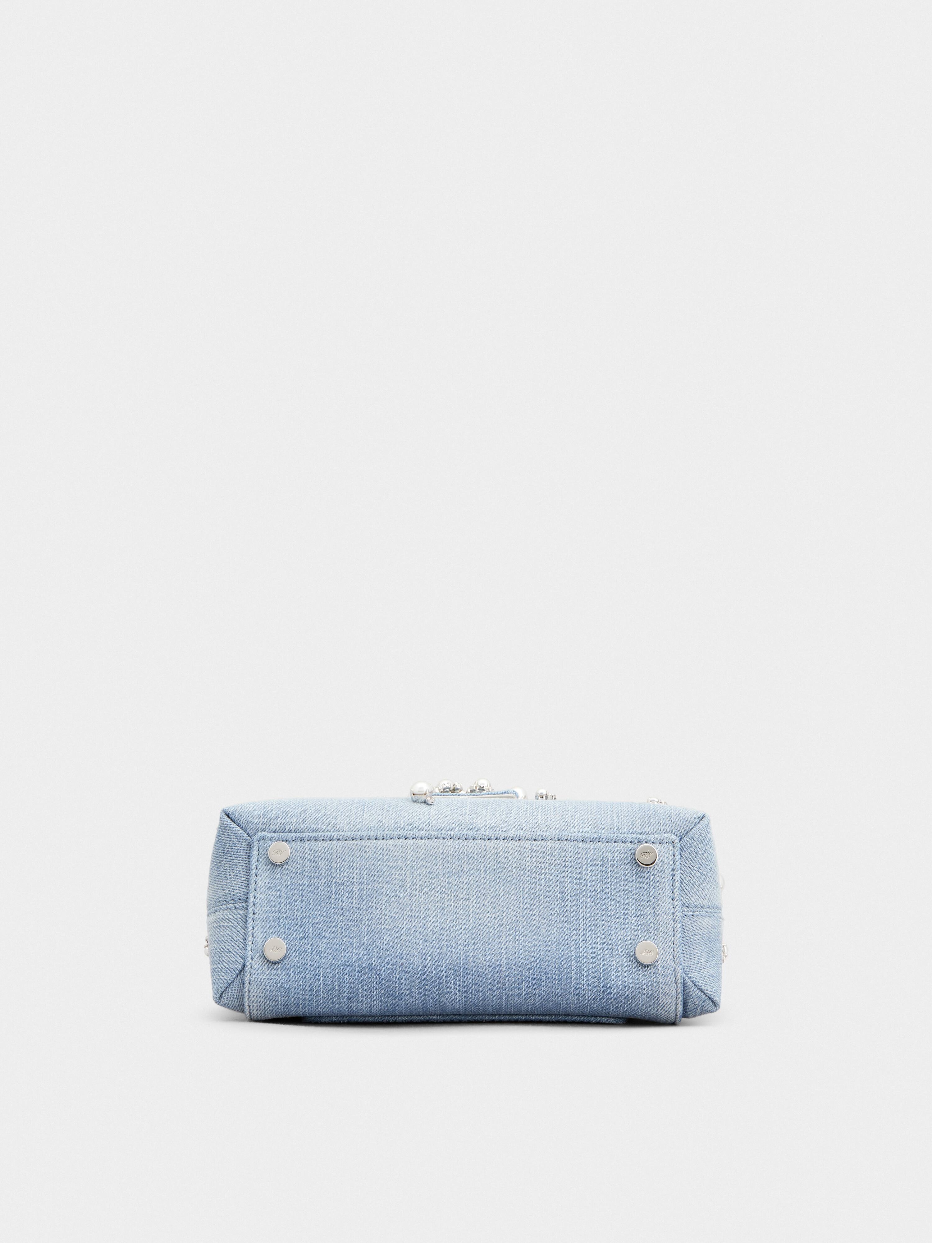 Viv' Cabas Jewel Flower Strass Pearl Buckle Mini Bag in Denim - 5
