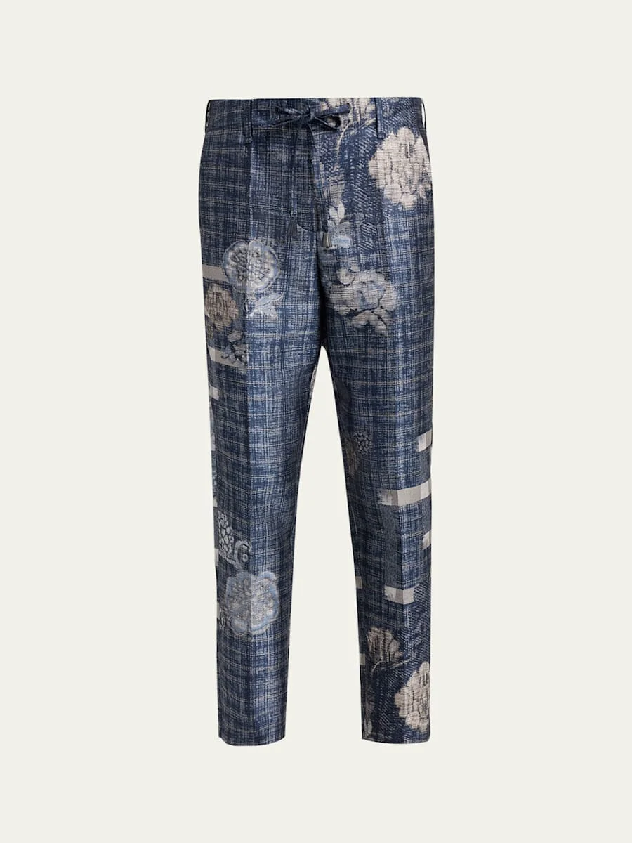 Check Floral Jacquard Straight-Leg Ankle Trousers - 1