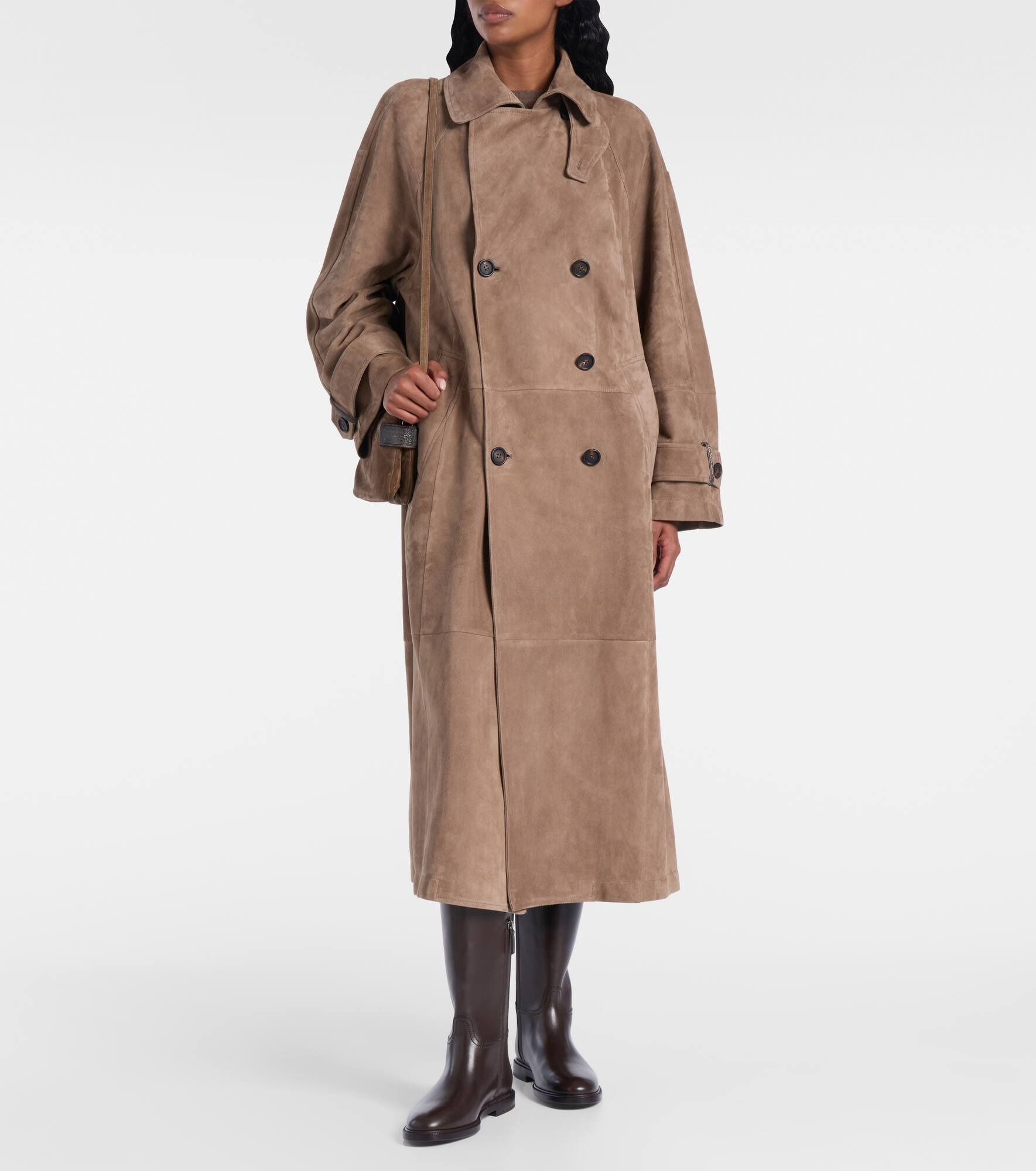 Double-breasted paneled suede coat - 6