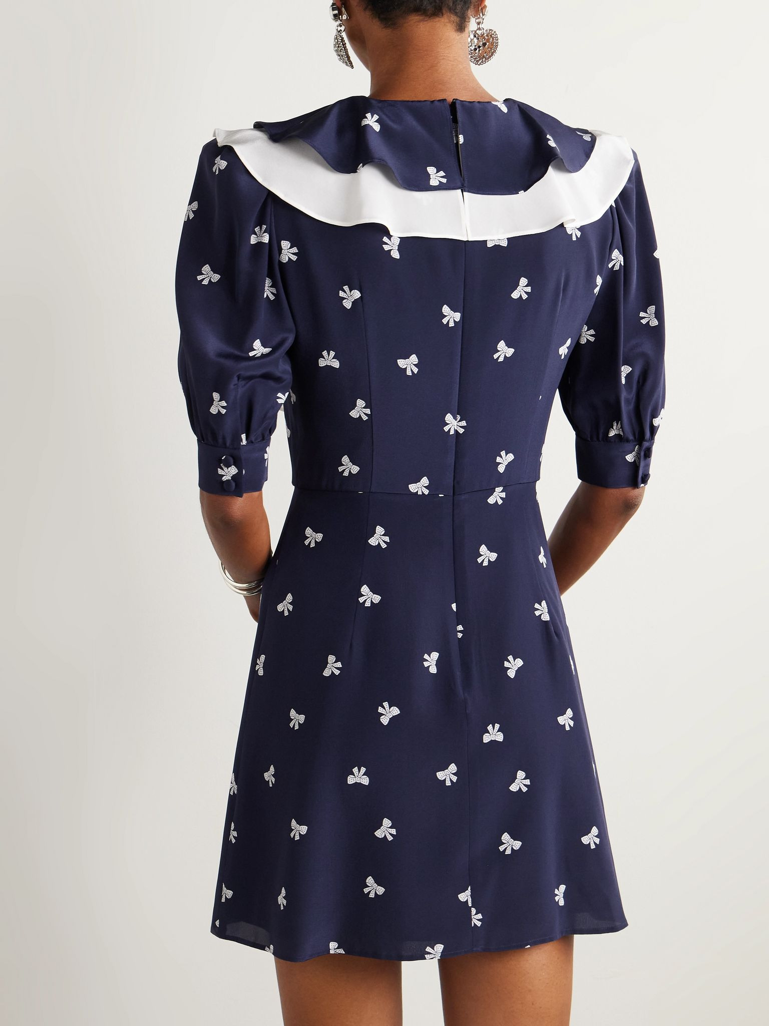 Ruffled pleated printed silk mini dress Navy - 3