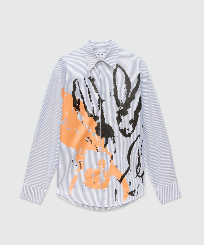 Light blue striped cotton oxford shirt with "Sketched Bunnies" print 1