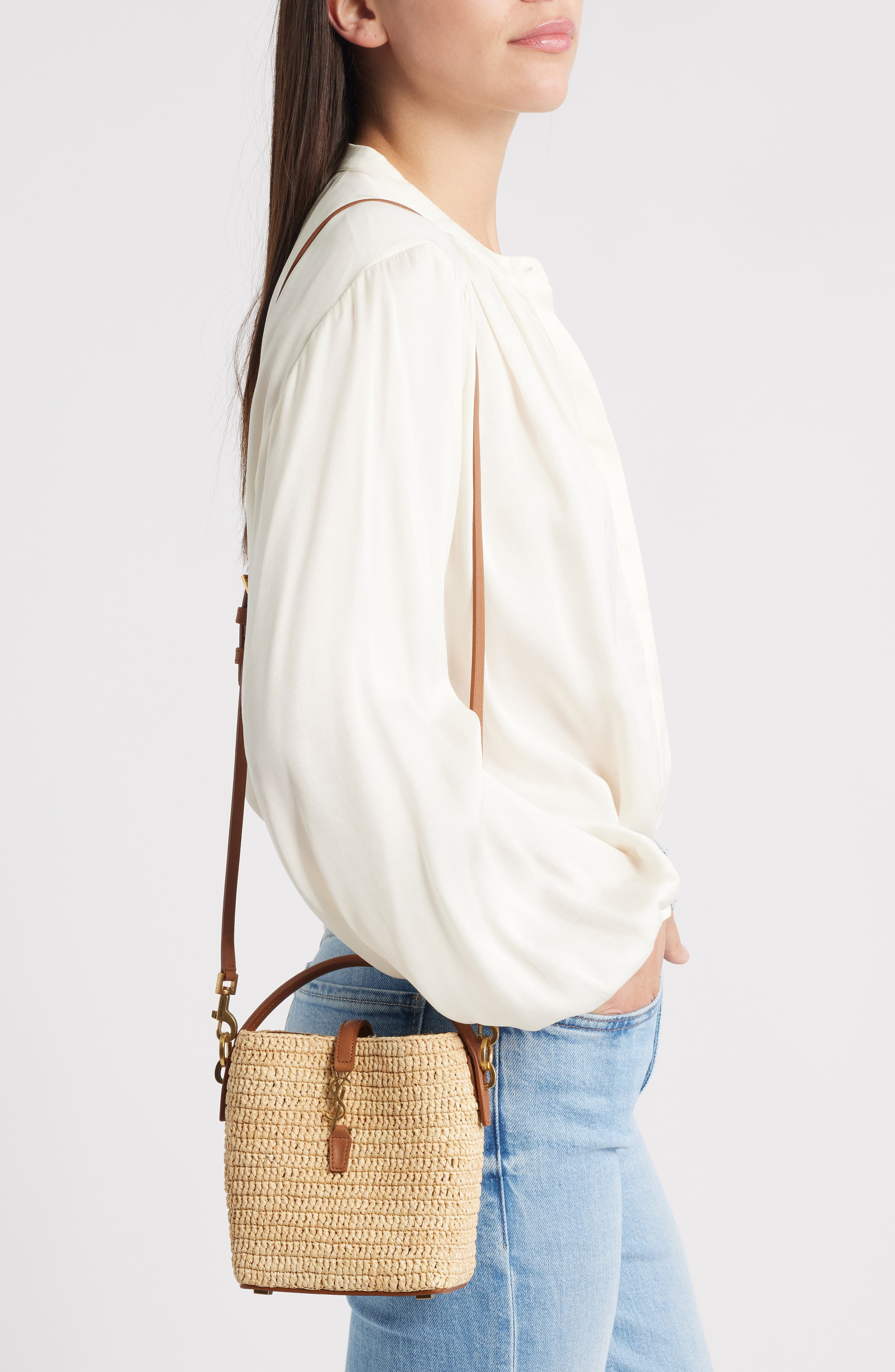 Saint Laurent Mini Le 37 Raffia Bucket Bag in Naturel/Brick at Nordstrom - 2