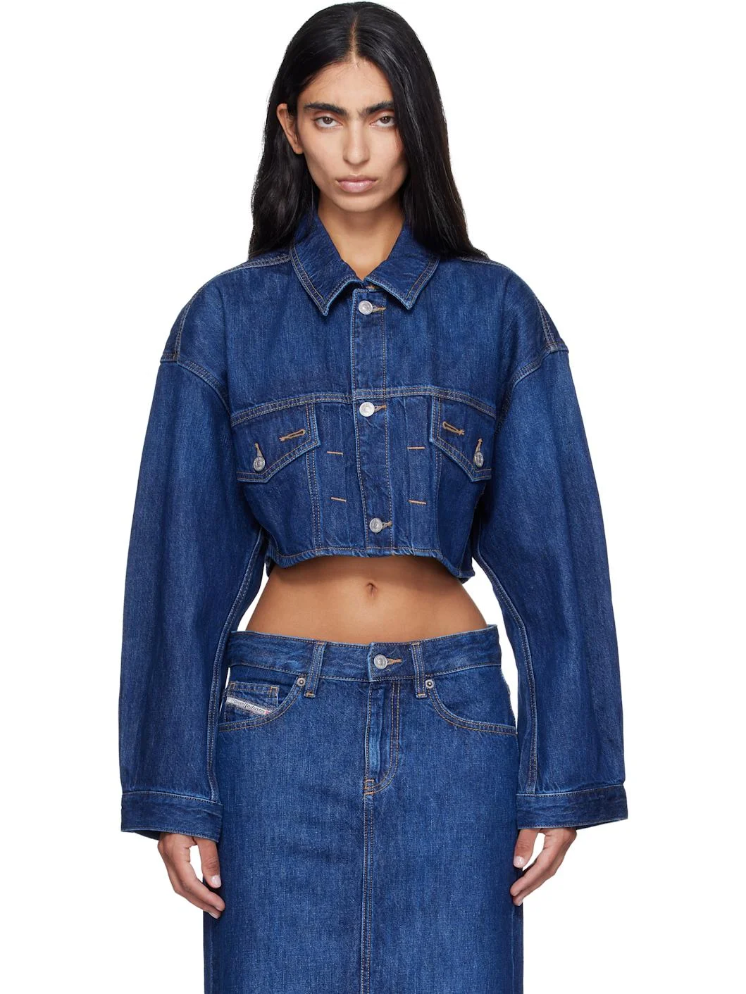 Blue Cropped Oversized Denim Trucker Jacket - 1