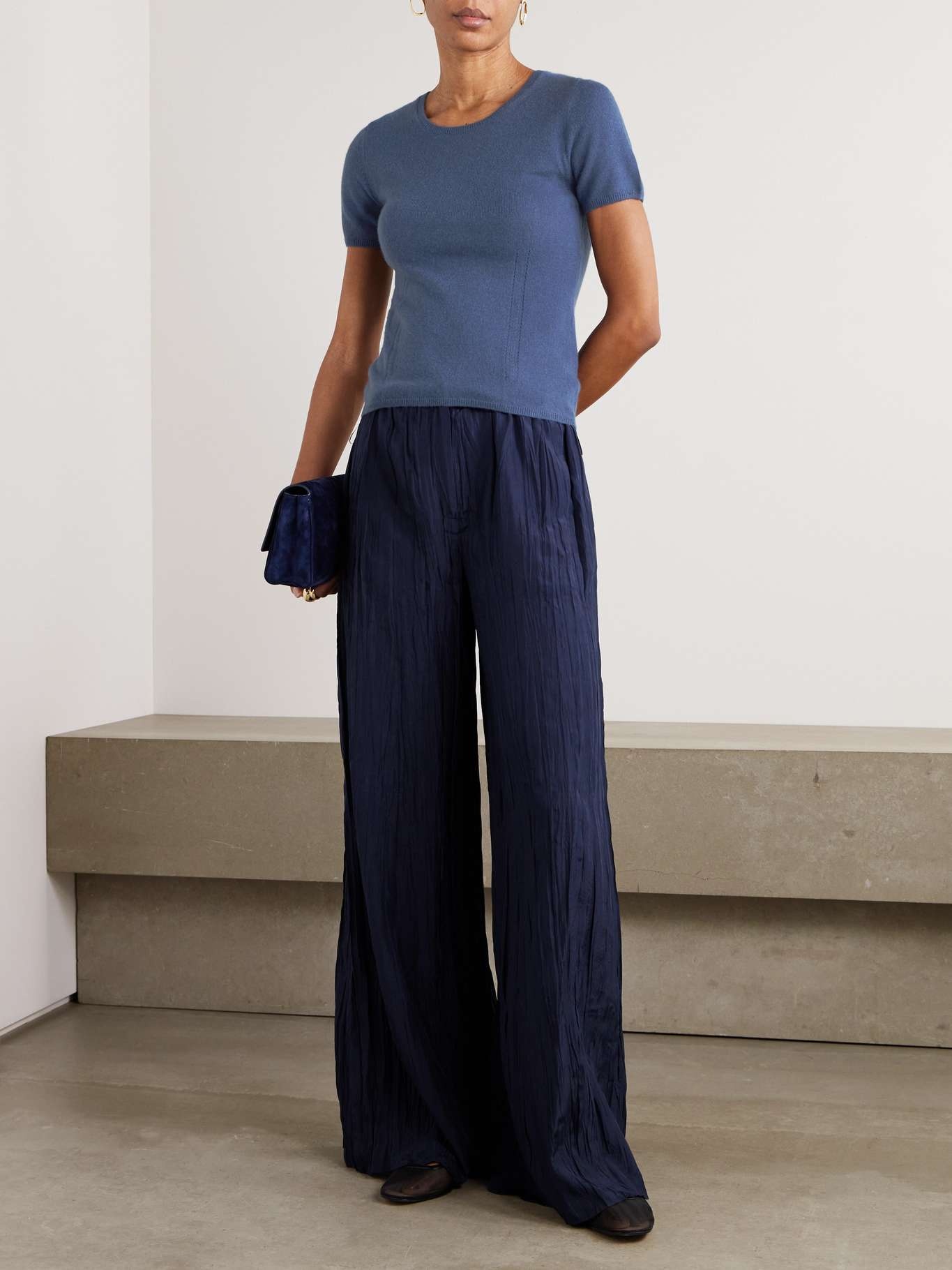 Pointelle-trimmed cashmere T-shirt Blue - 2