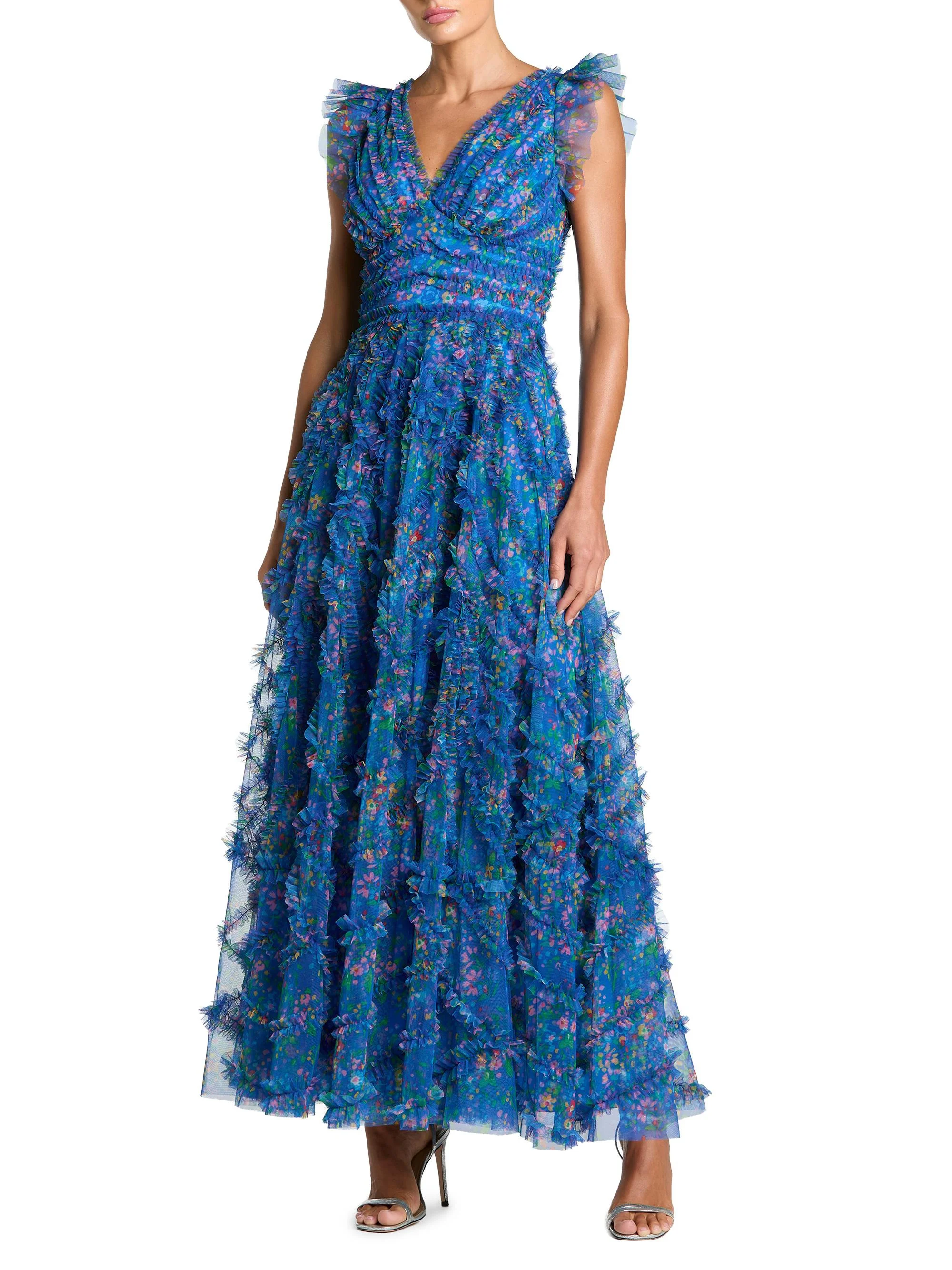 Women's Floral Mesh Ruffled V-Neck Maxi Dress - Blue Multi - 1