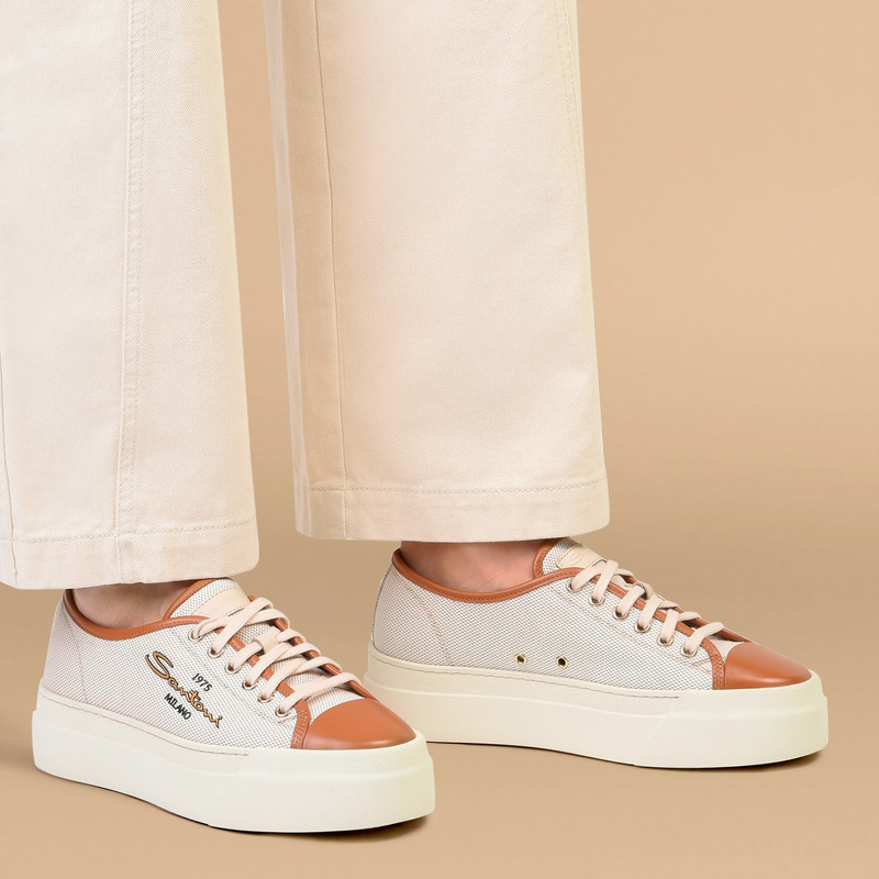 Santoni Women's brown canvas and leather platform sneaker outlook