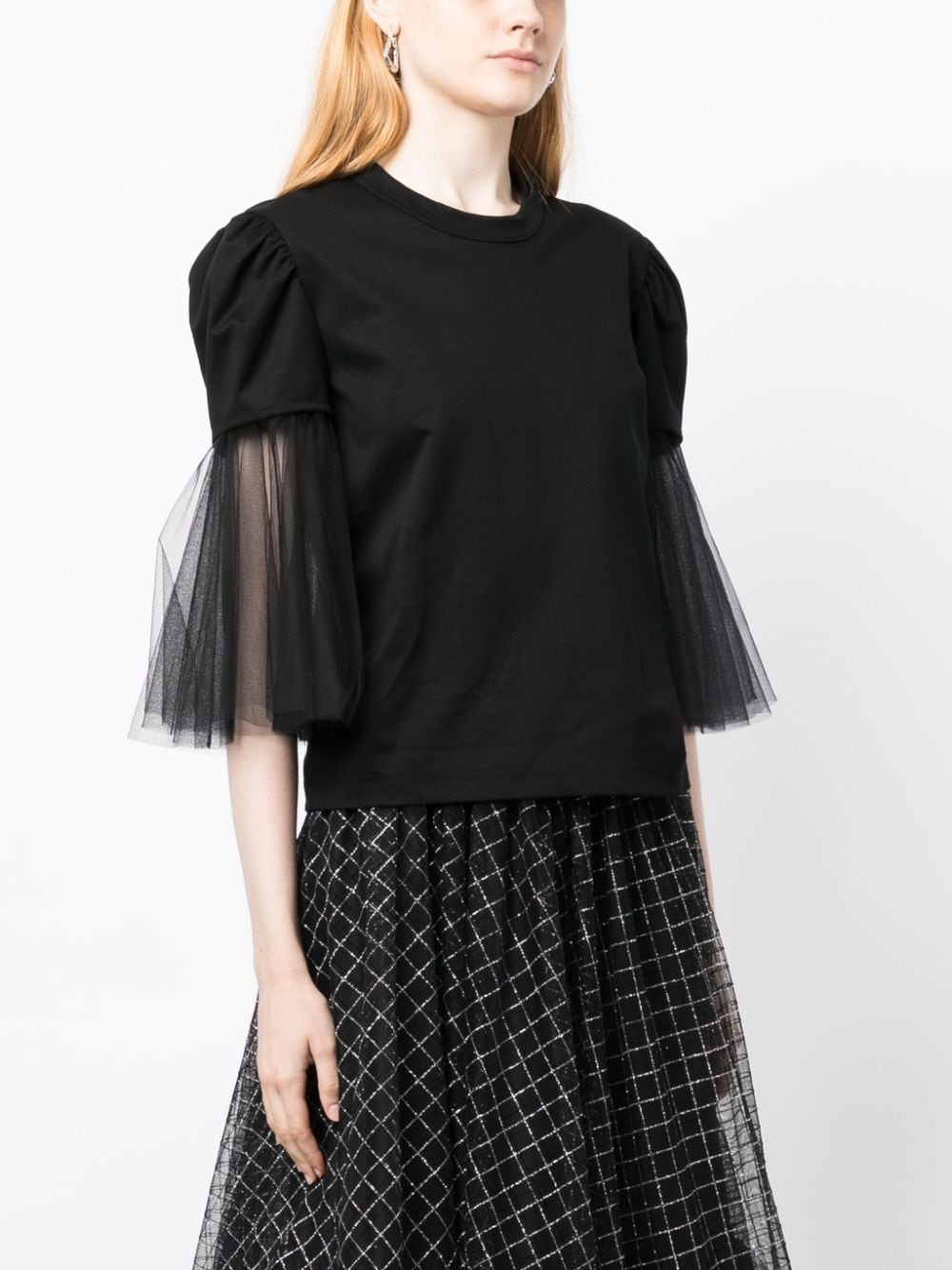 tulle-sleeves cotton T-shirt - 3