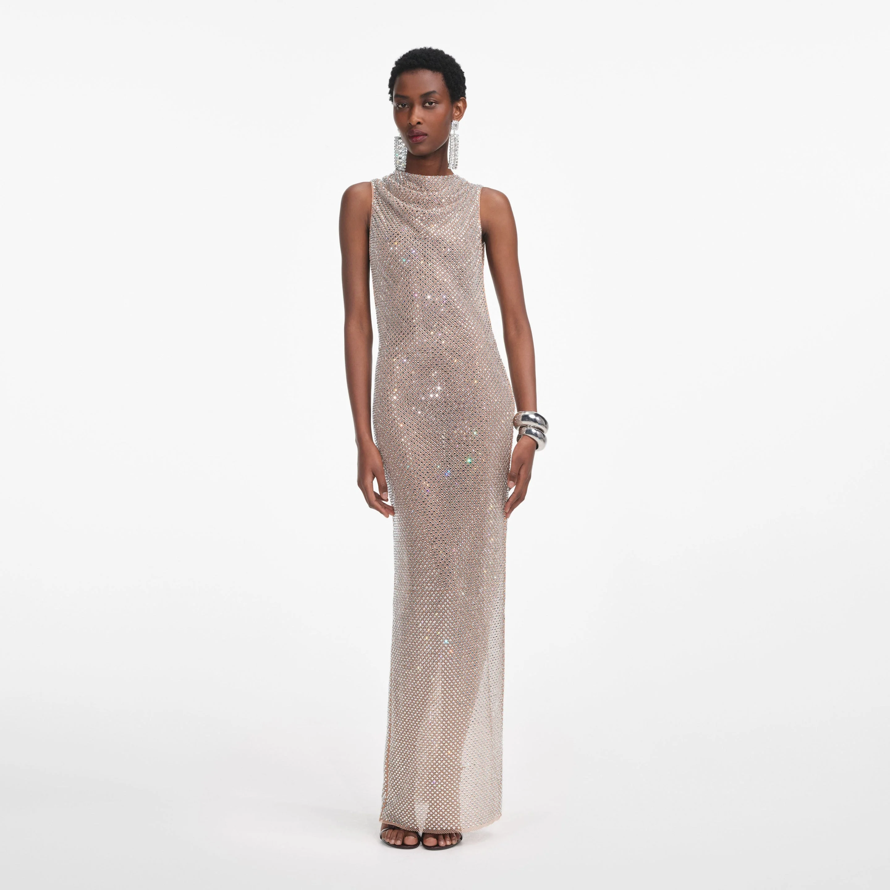 Silver Rhinestone Drape Maxi Dress - 1