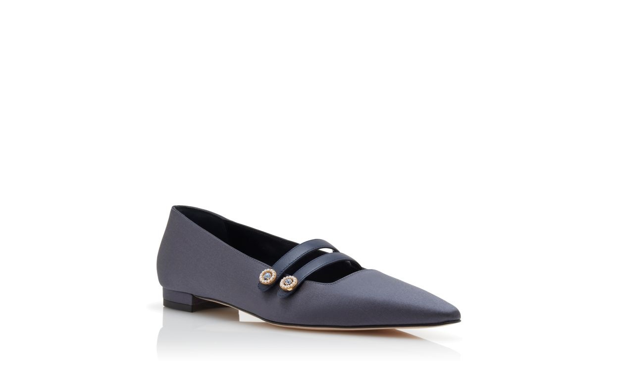Navy Blue Satin Embellished Flat Pumps - 3